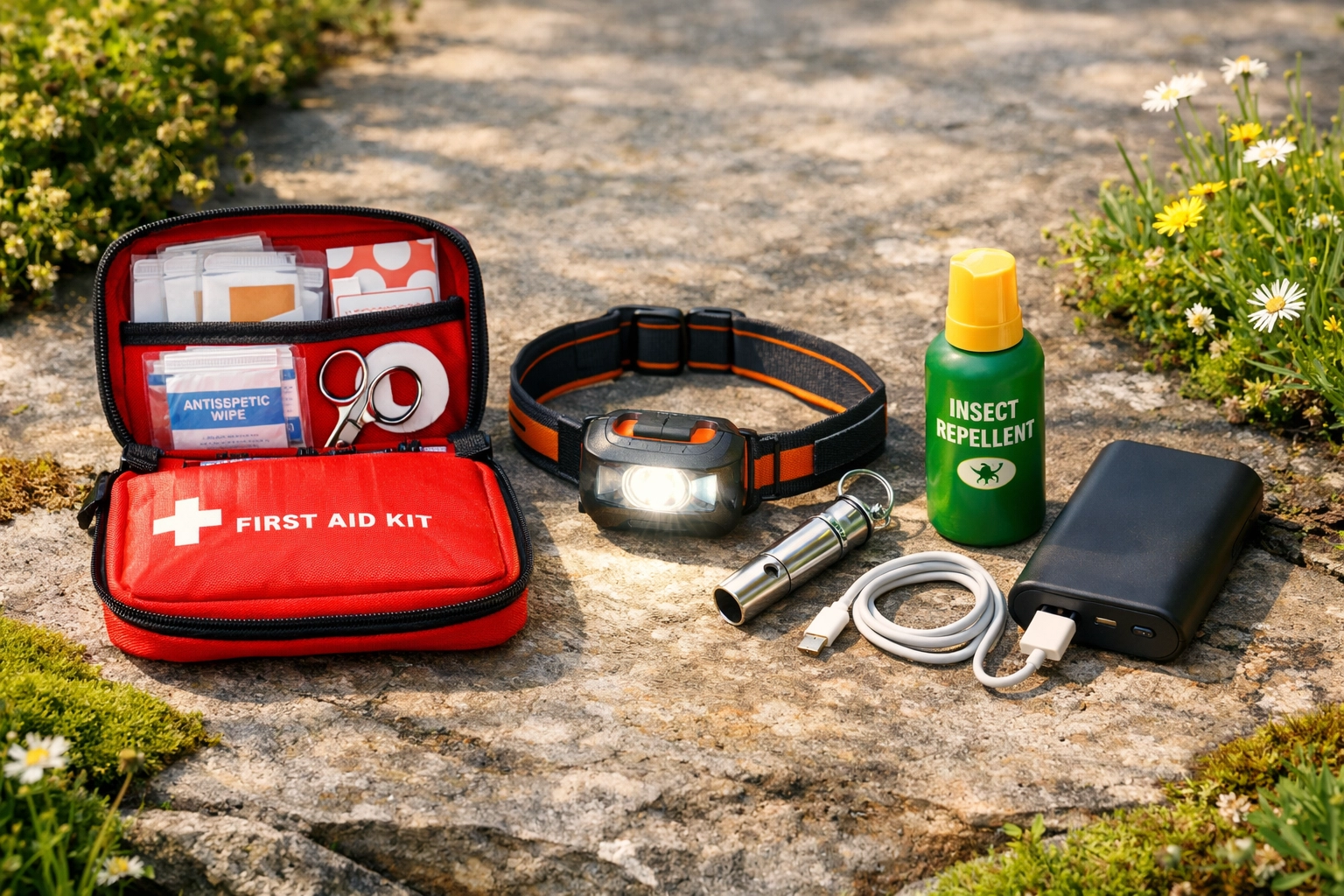 Essential camping safety gear including first aid kit torch and whistle for UK wild camping