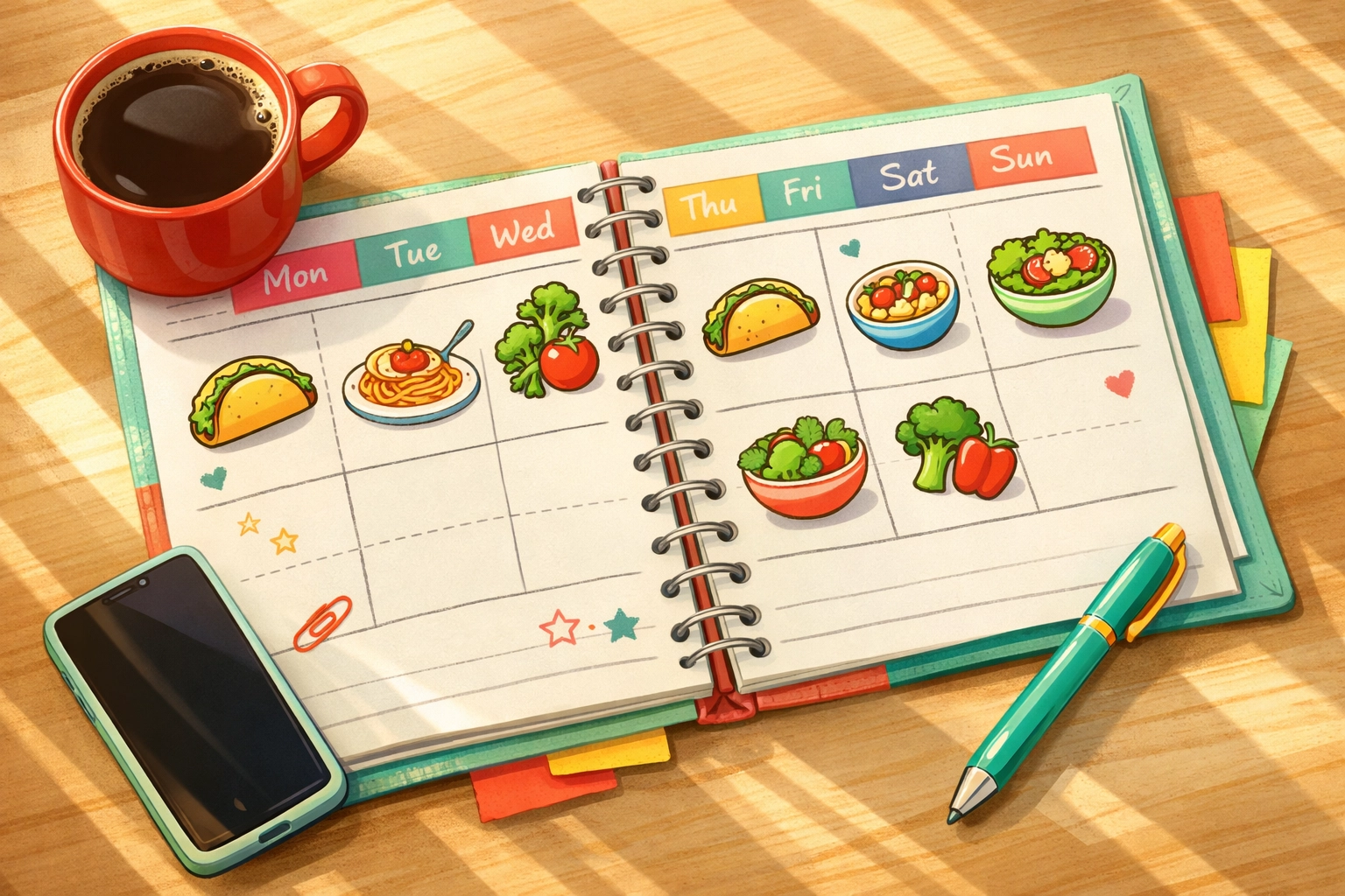 Weekly meal planner with colorful meal icons for organizing family dinners and lunches
