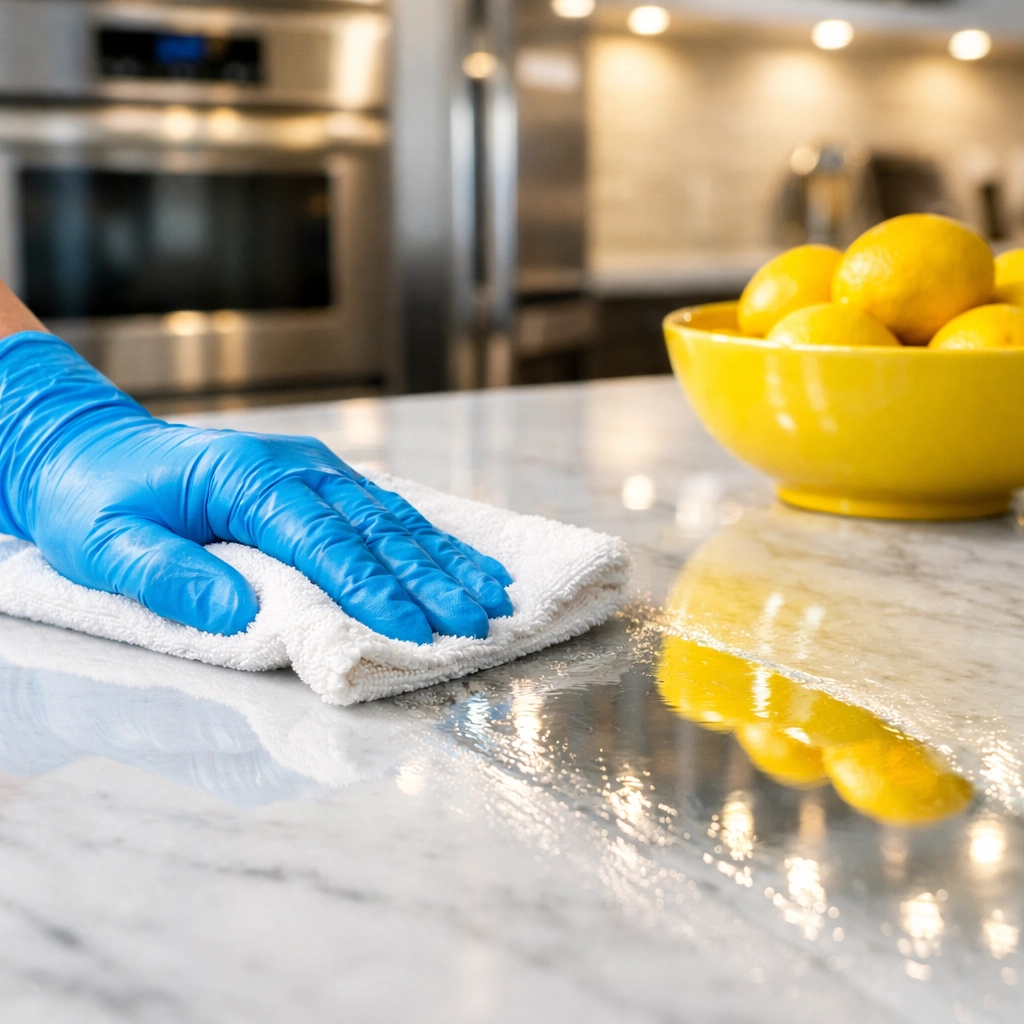 Professional kitchen turnover service polishing a marble island to a high-gloss finish for guests.
