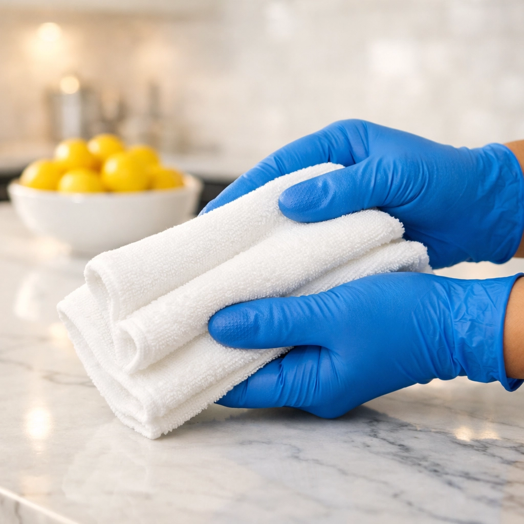 Professional maid service Cambridge staff using a microfiber cloth for detailed house cleaning in a kitchen.