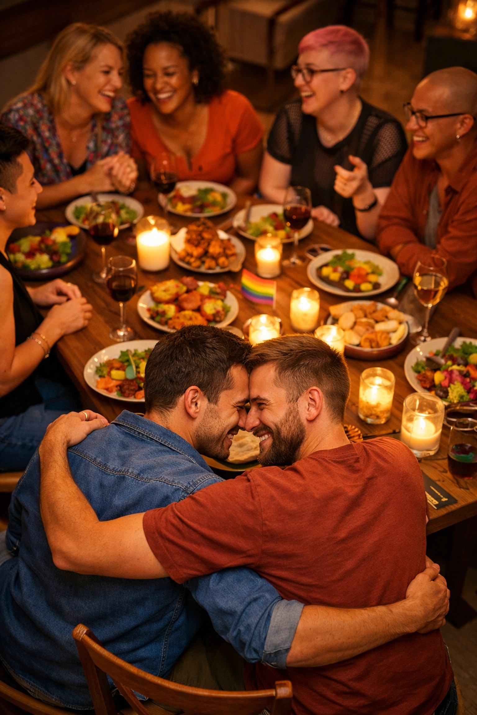 LGBTQ+ friends gathering for dinner party in suburban home