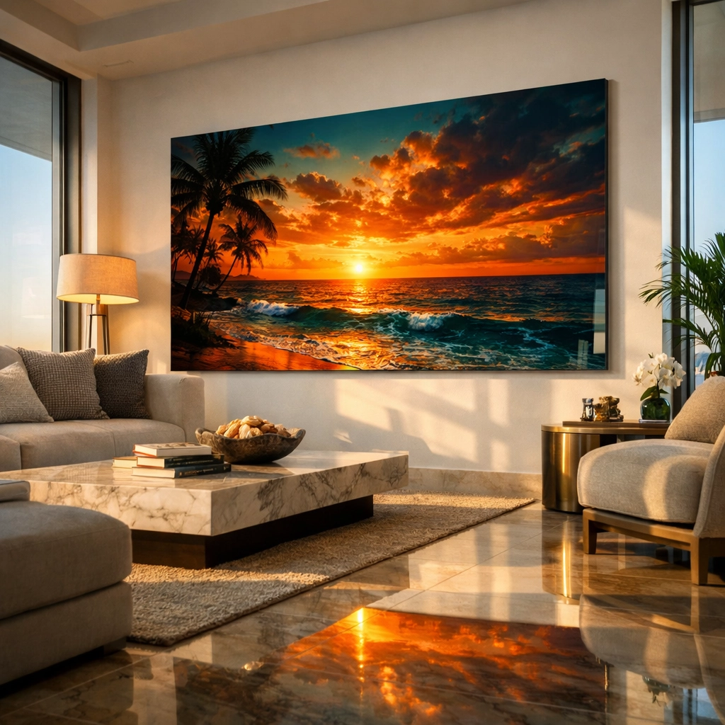 Large sunset fine art photography metal print hanging in a luxury Miami penthouse living room.