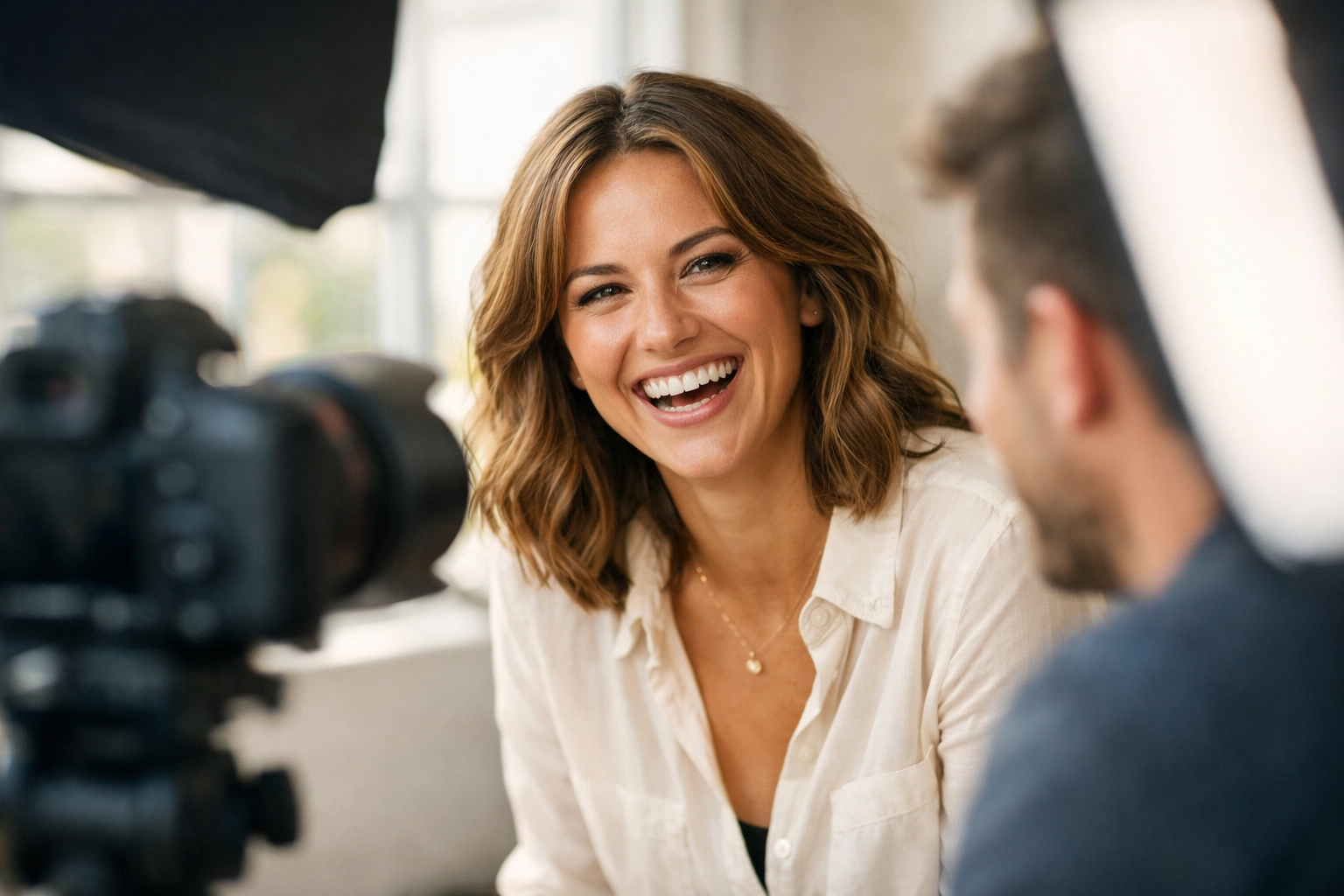 Corporate headshot photographer directing a client to get natural, confident expressions in a bright studio — modern business headshot session for “professional headshot photographer near me” and “corporate headshots near me” long-tail keywords
