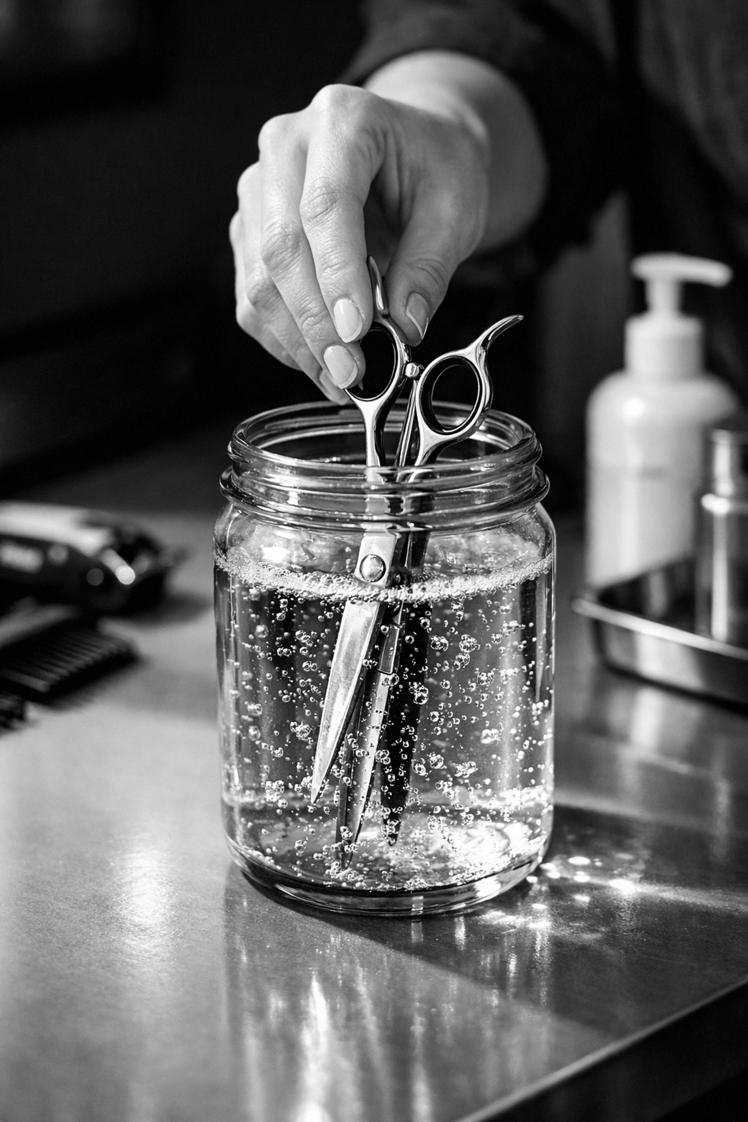 Professional barber cleaning shears in sanitizing solution to meet Ohio infection control standards.