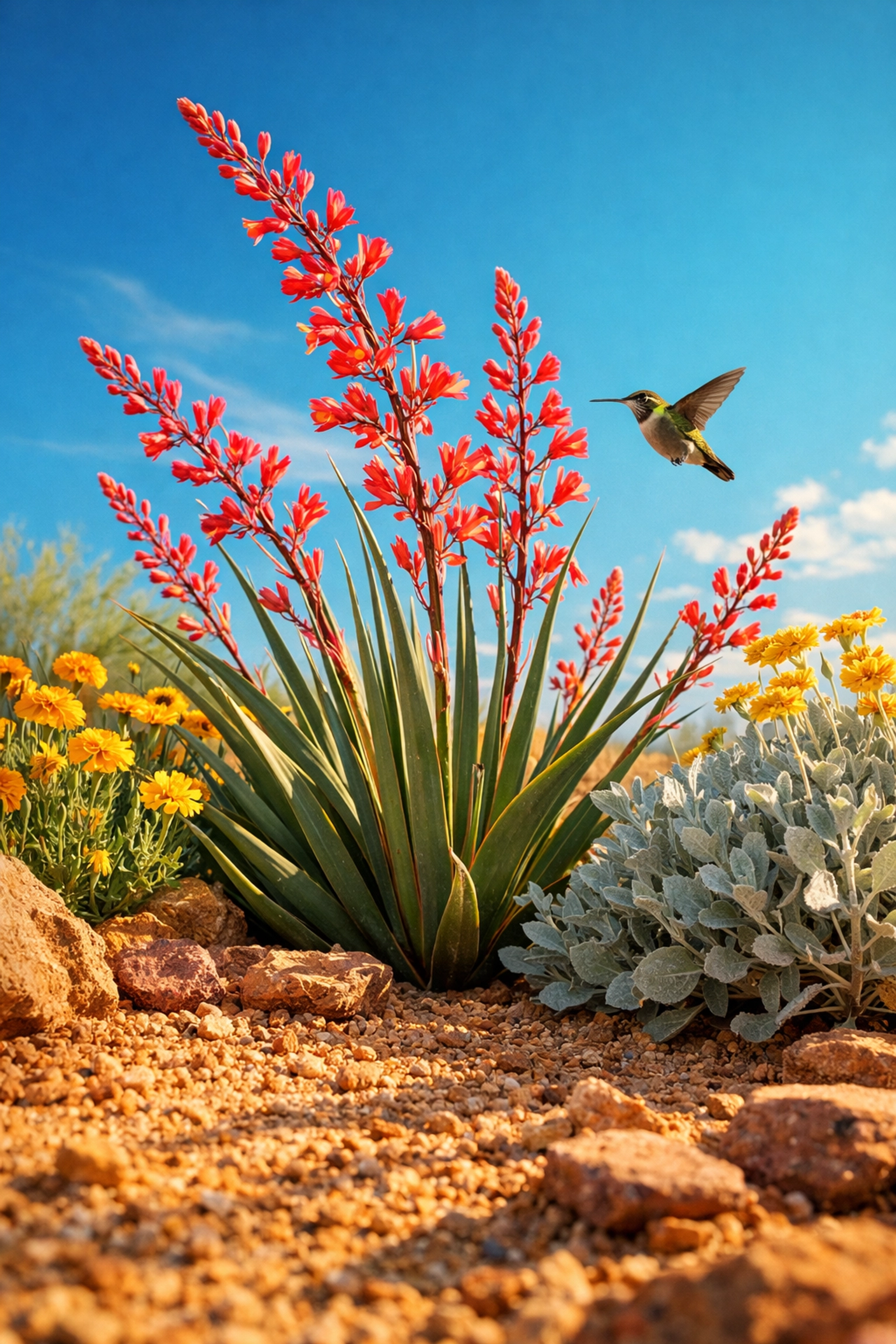 Native desert plants including red yucca and marigolds in Tucson garden