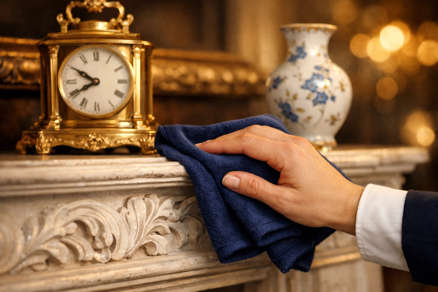Professional cleaners in Marblehead dusting a historic fireplace mantel with specialized care.