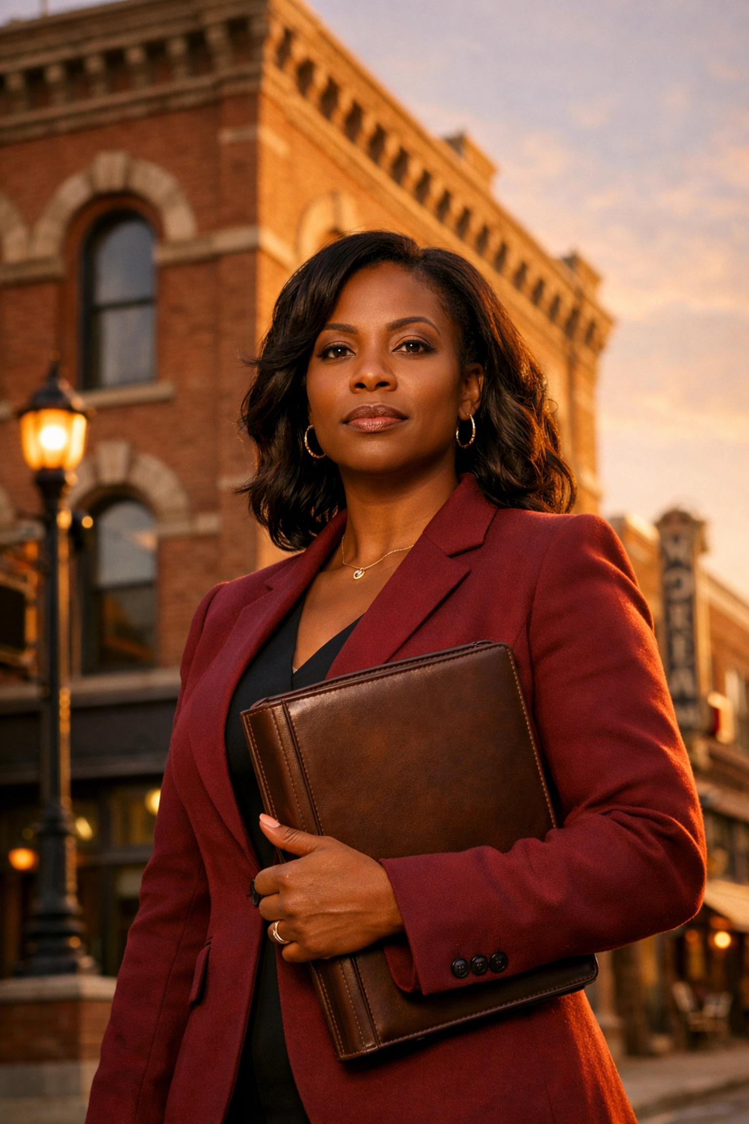 Confident Black woman entrepreneur standing in front of historic building symbolizing legacy and resilience
