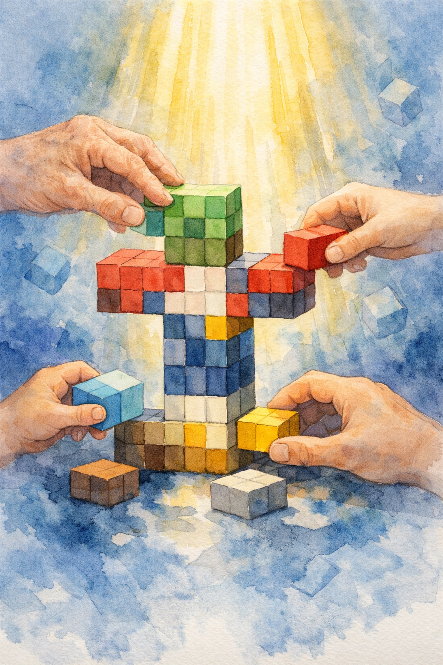 Building faith together with Minecraft blocks forming a cross - community and Christian values