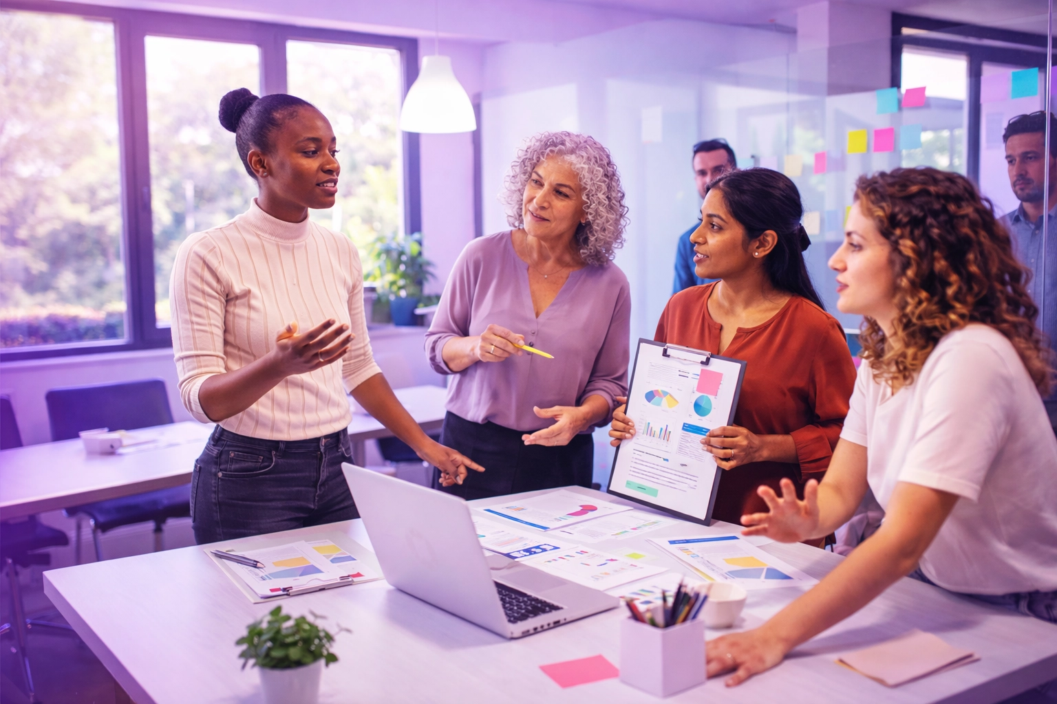Collaborative Team Strategy Session featuring women of color leaders leading discussion in a modern conference room with natural lighting and subtle purple tones