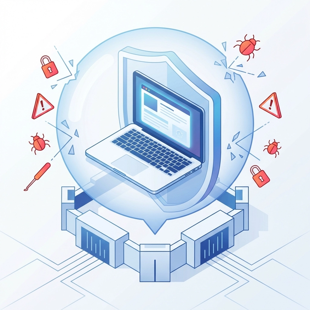 Vector illustration of a website shielded by a digital security barrier, representing strong password protection