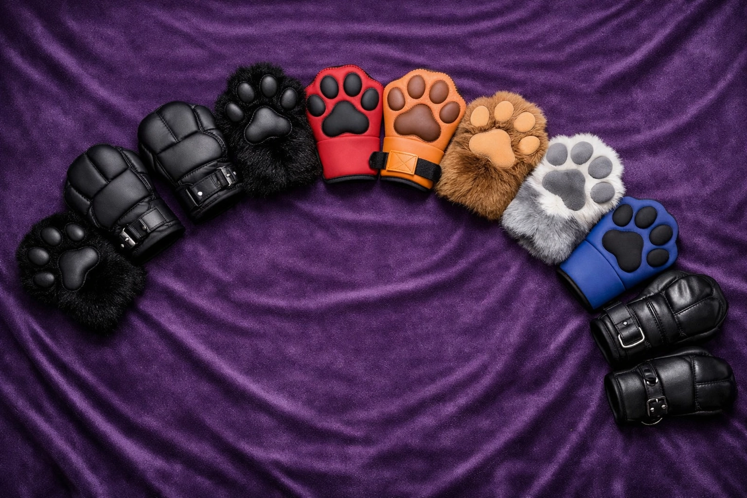 Collection of puppy play mitts and paw gear in leather, neoprene, and fluffy materials