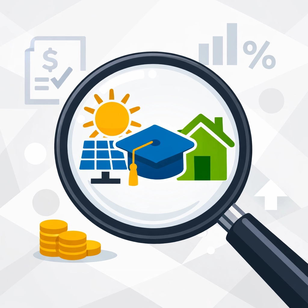 Magnifying glass highlighting tax deduction icons for energy, education, and home-related tax credit opportunities.
