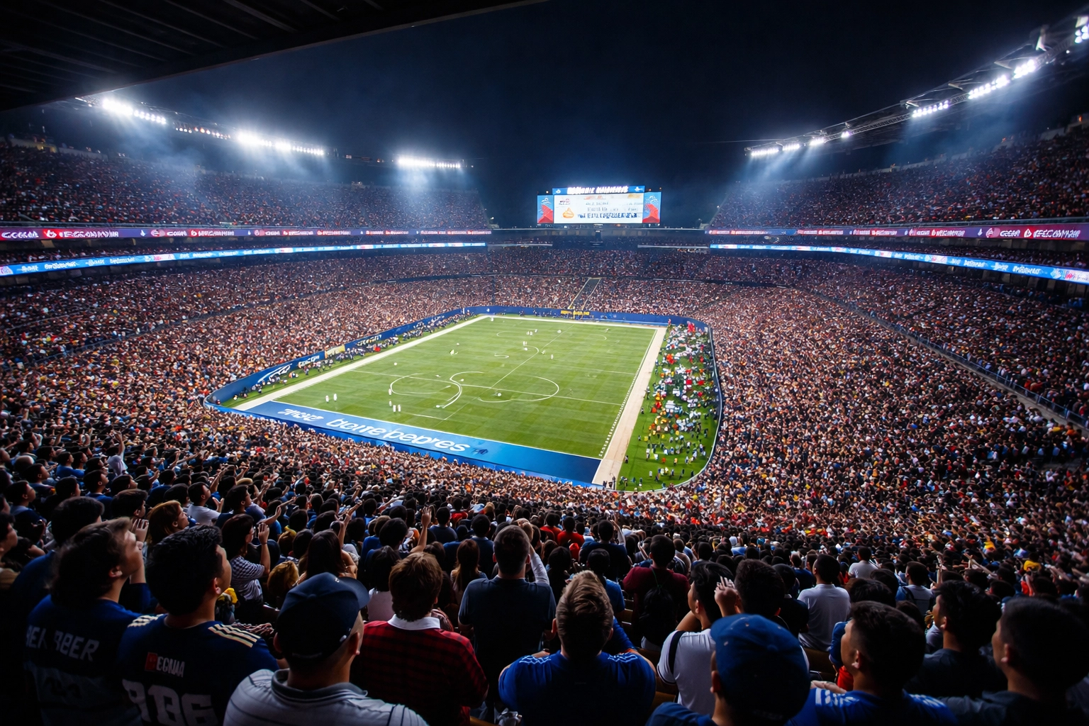 Vibrant sports stadium packed with fans and digital brand activations, showcasing effective audience engagement for partnerships.