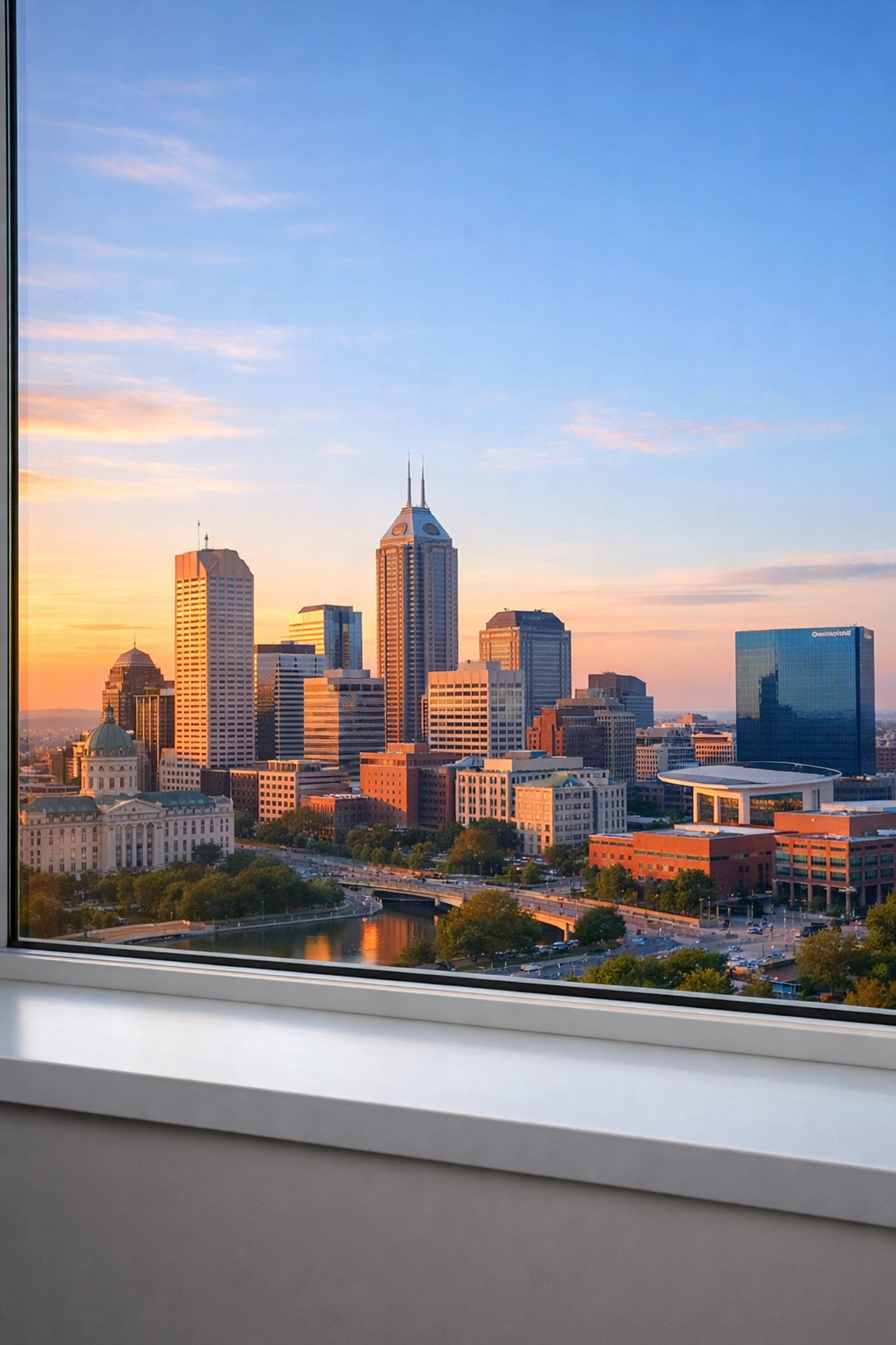 Clean streak-free window overlooking the Indianapolis skyline at sunrise, representing high property standards.