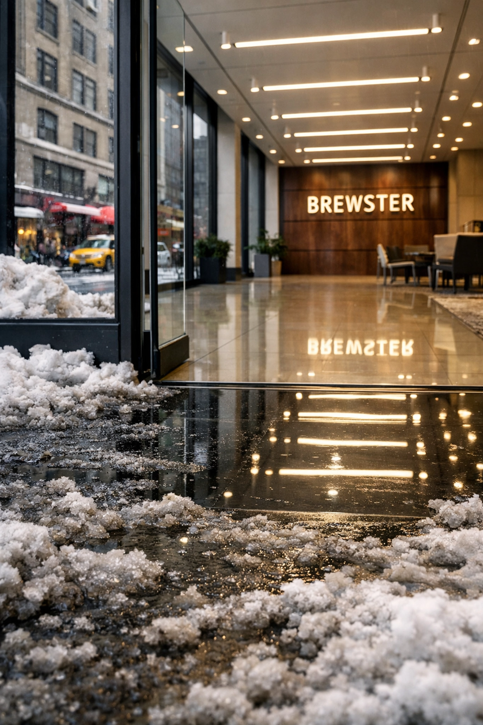 Pristine commercial lobby floor in Brewster protected from outdoor winter slush and debris.