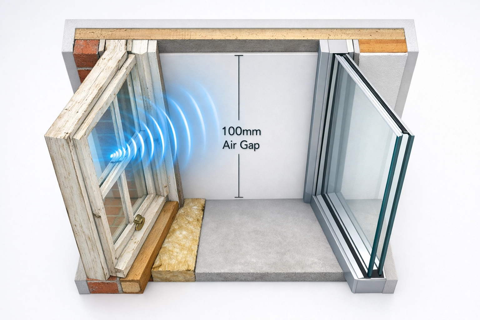Cross-section of a 100mm air gap between a timber sash window and slimline secondary glazing.