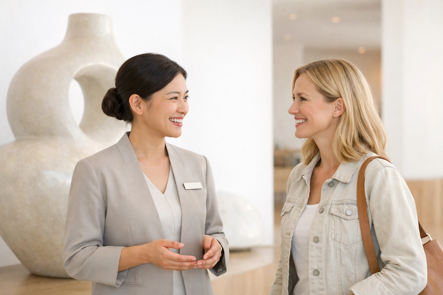 Hospitality professional providing personalized service to a guest in a modern, front-deskless lobby.