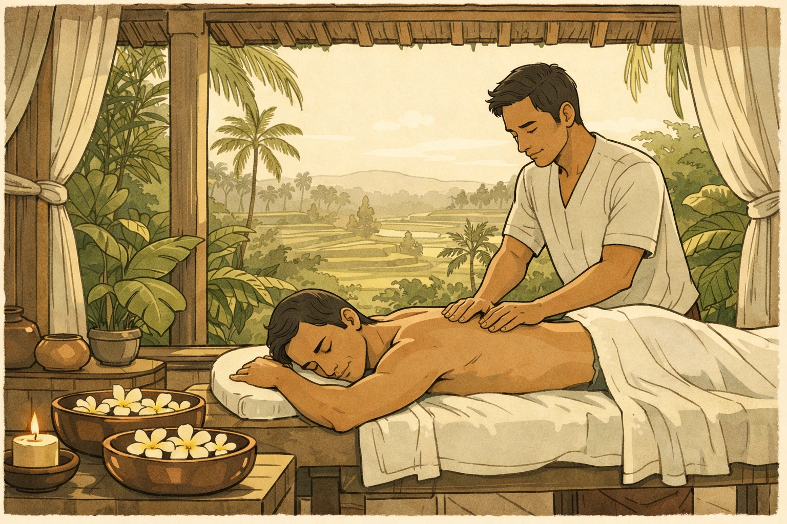 Two men in tropical Bali spa massage therapy session with rice terraces and frangipani flowers