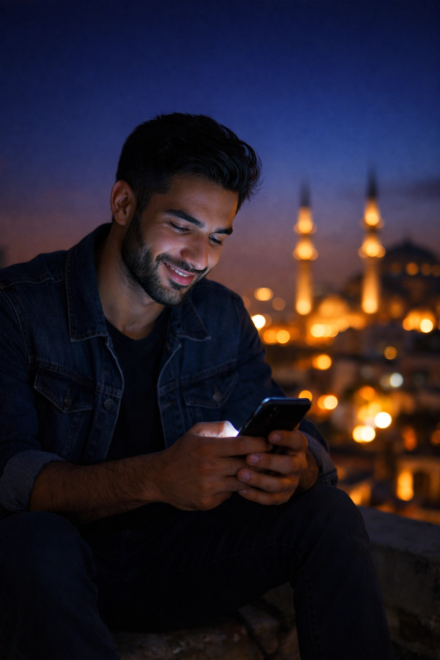 Middle Eastern man using a smartphone at night to connect with LGBTQ+ communities and read queer fiction.