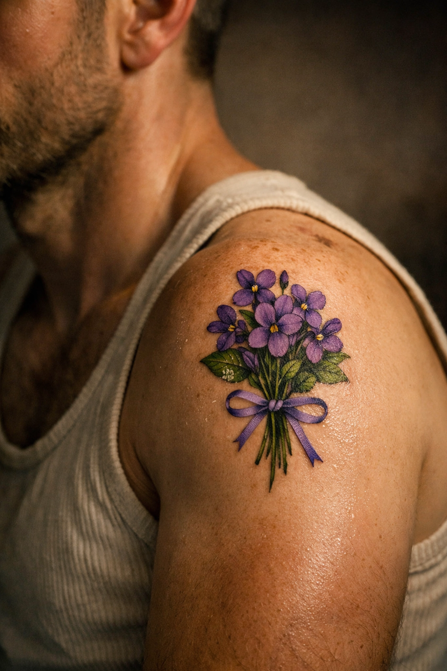 A gay man's shoulder tattoo featuring violets and lavender, representing historic LGBTQ+ coded symbols.