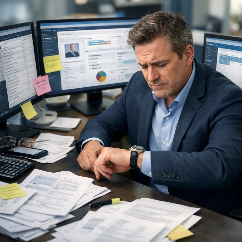 Financial advisor overwhelmed with CRM updates and admin tasks at cluttered desk