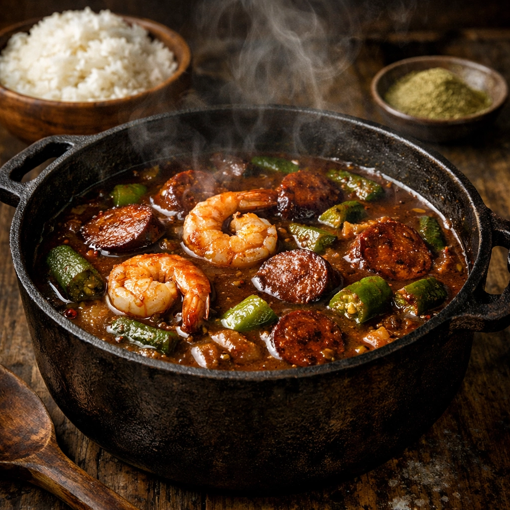 Traditional Bayou gumbo station featuring authentic roux, andouille sausage, and fresh shrimp.