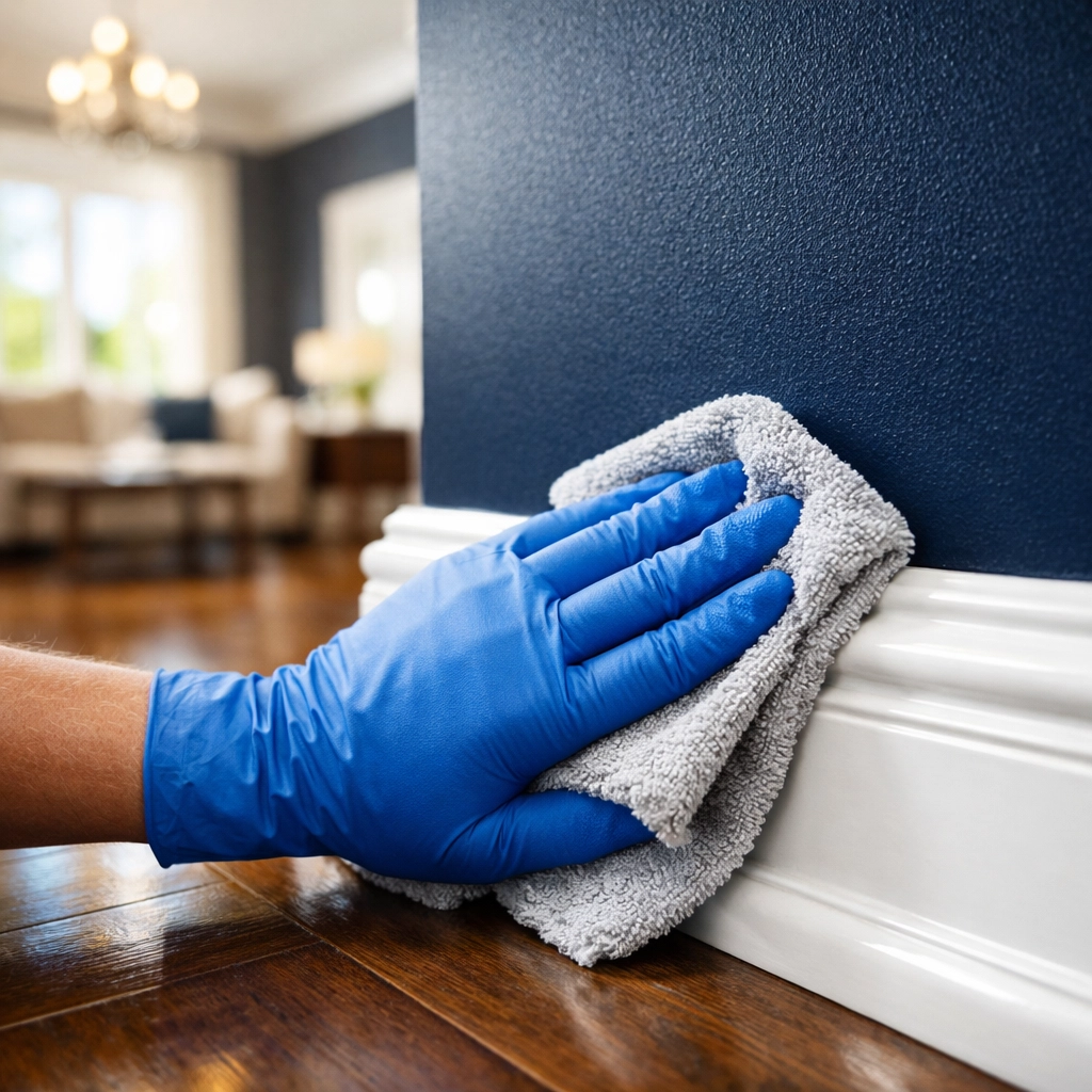 Professional deep cleaning of white baseboards in a sun-drenched Sagamore, MA living area.