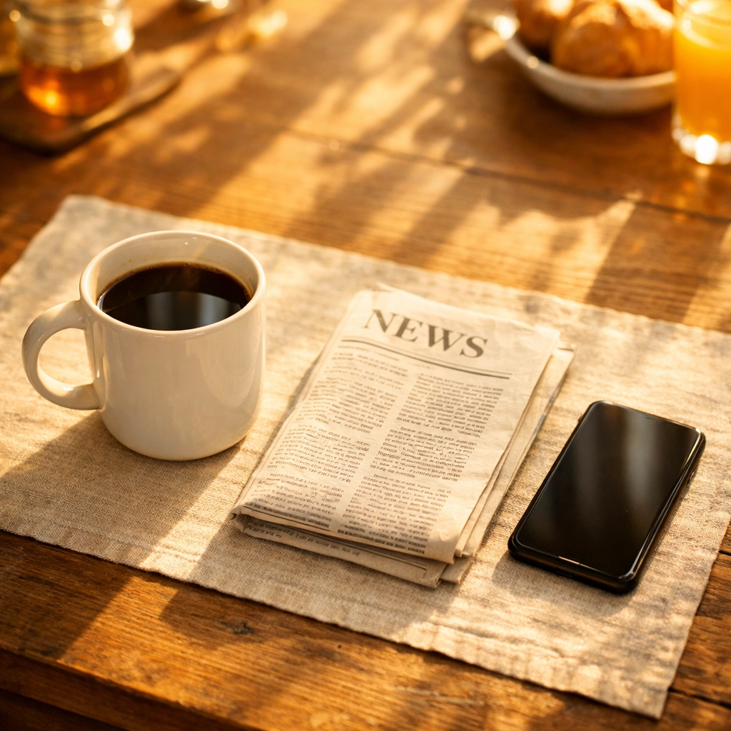 Peaceful morning breakfast table with coffee and phone face-down representing intentional news routine
