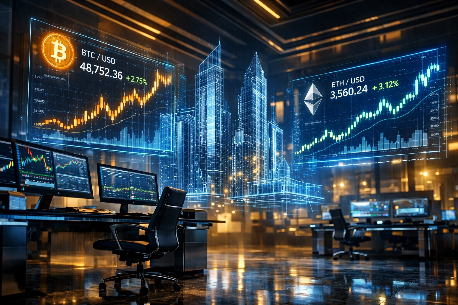 Institutional crypto trading floor showing Bitcoin and Ethereum charts alongside real estate blueprints