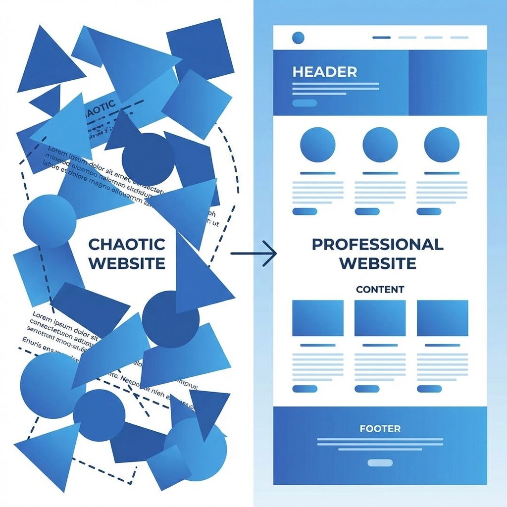 Comparison of a cluttered website design and a clean, organized layout to highlight site professionalism