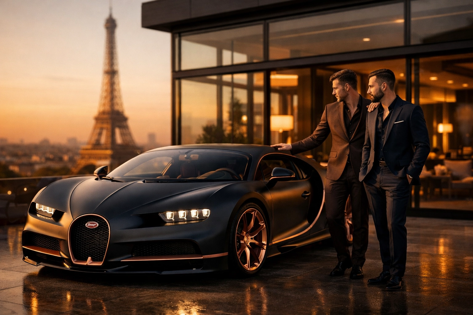 Custom Bugatti supercar with gay couple at Paris penthouse luxury lifestyle