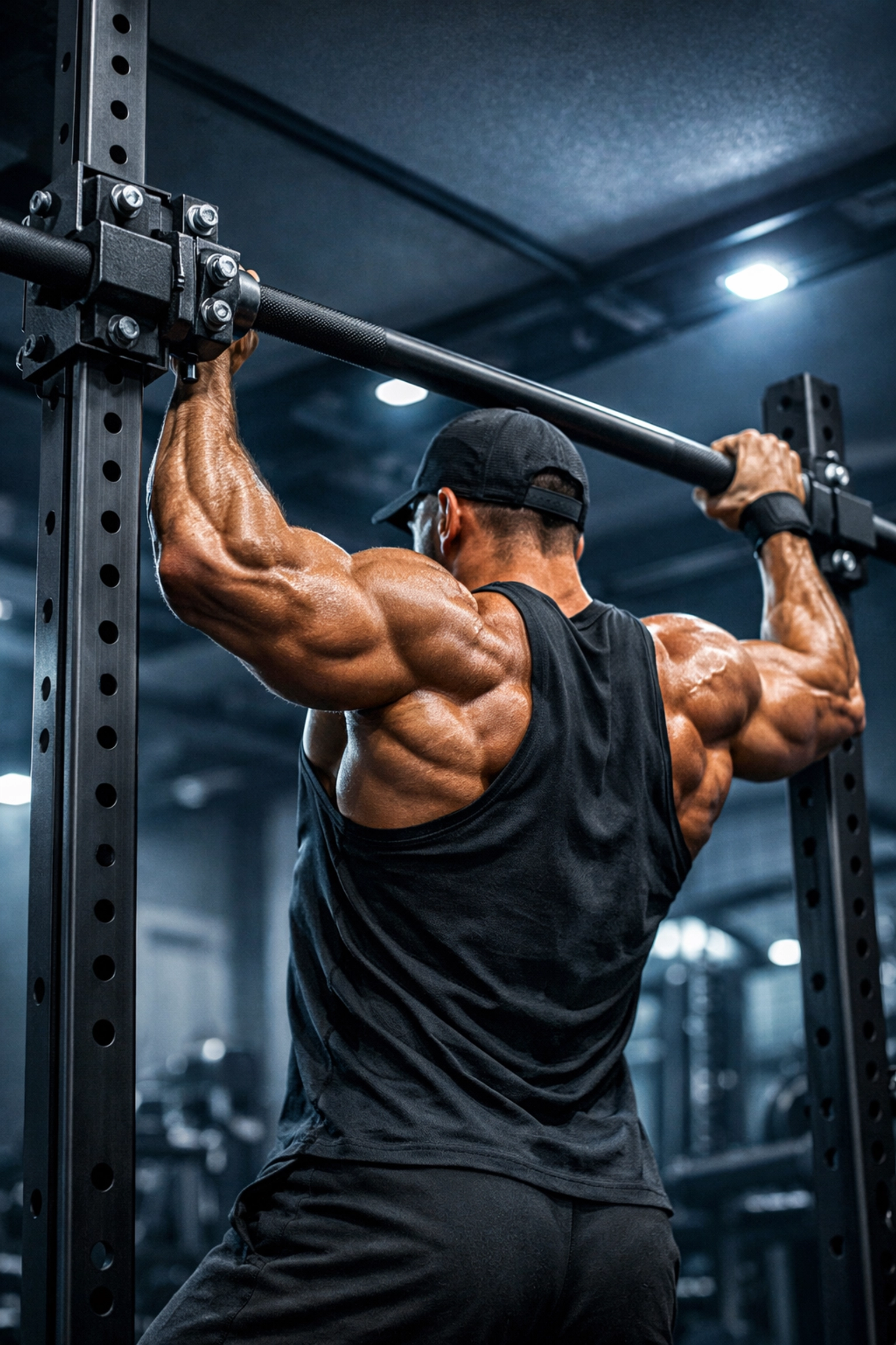 Athlete doing pull-ups on a stable floor to ceiling pull up bar alternative for home calisthenics.