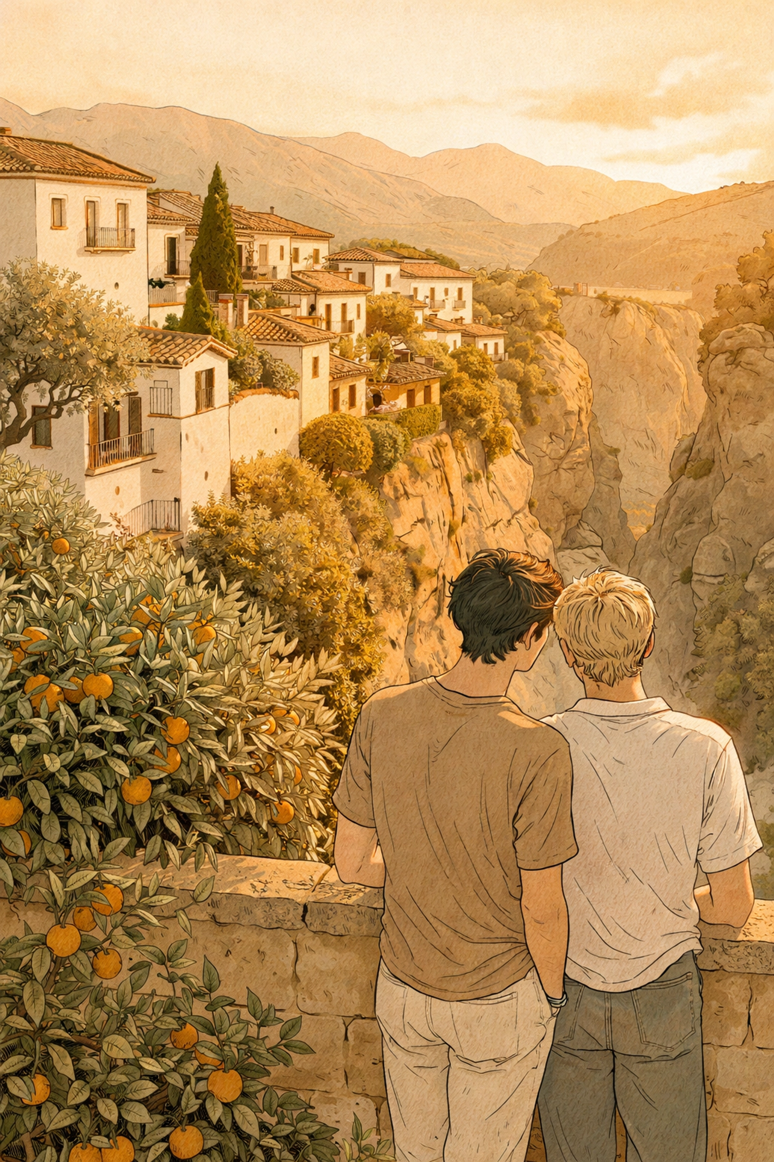 Two young men stand close together on a Spanish villa balcony in Ronda, immersed in summer romance atmosphere.