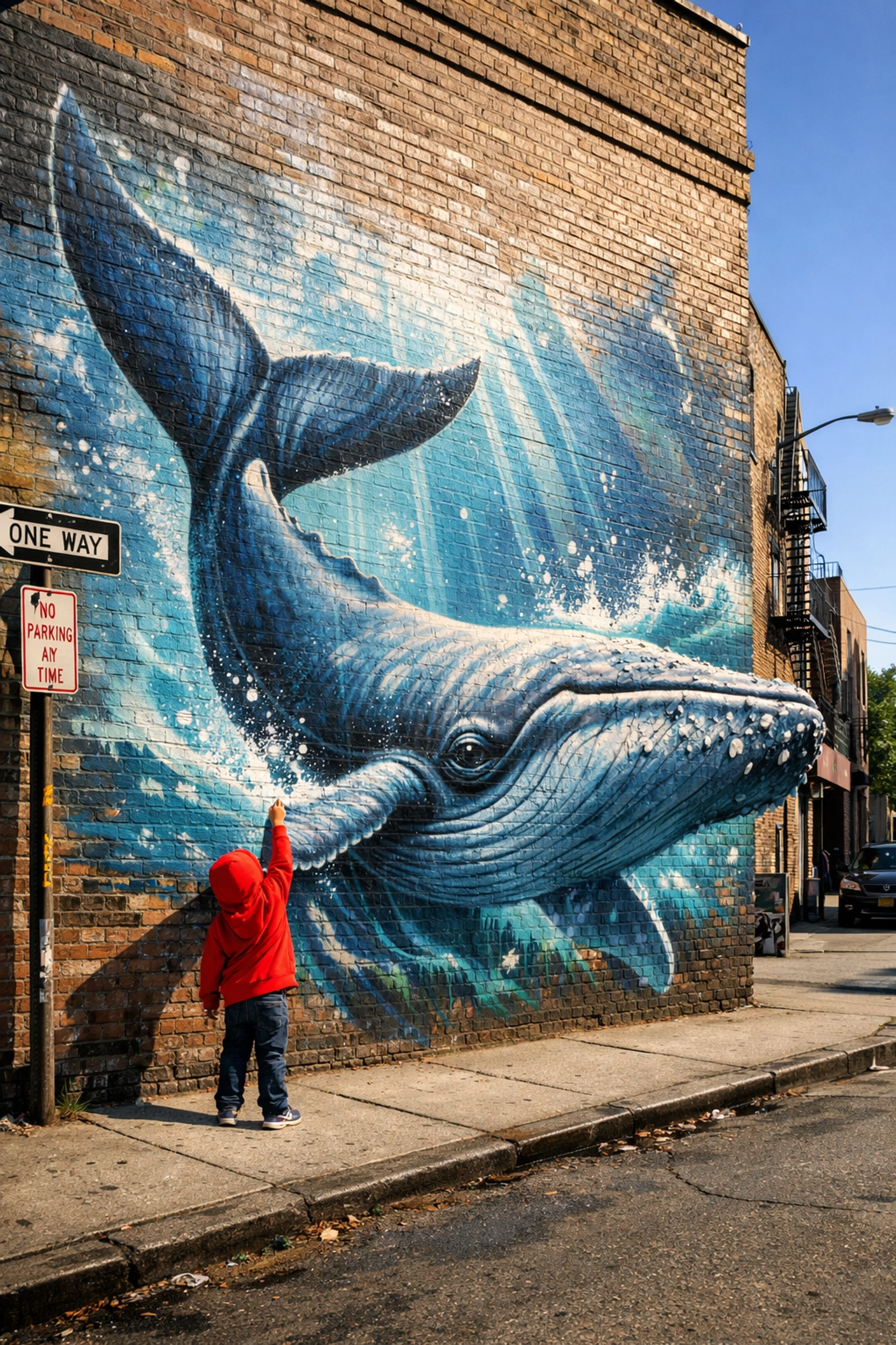 Creative street photography showing a child interacting with a colorful whale mural on an urban brick wall.