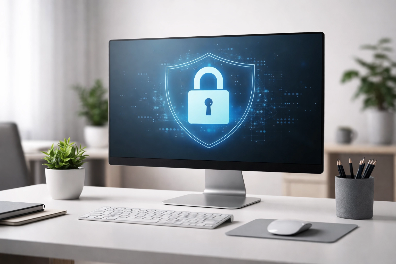 Secure tax office workspace with computer showing data security for client protection