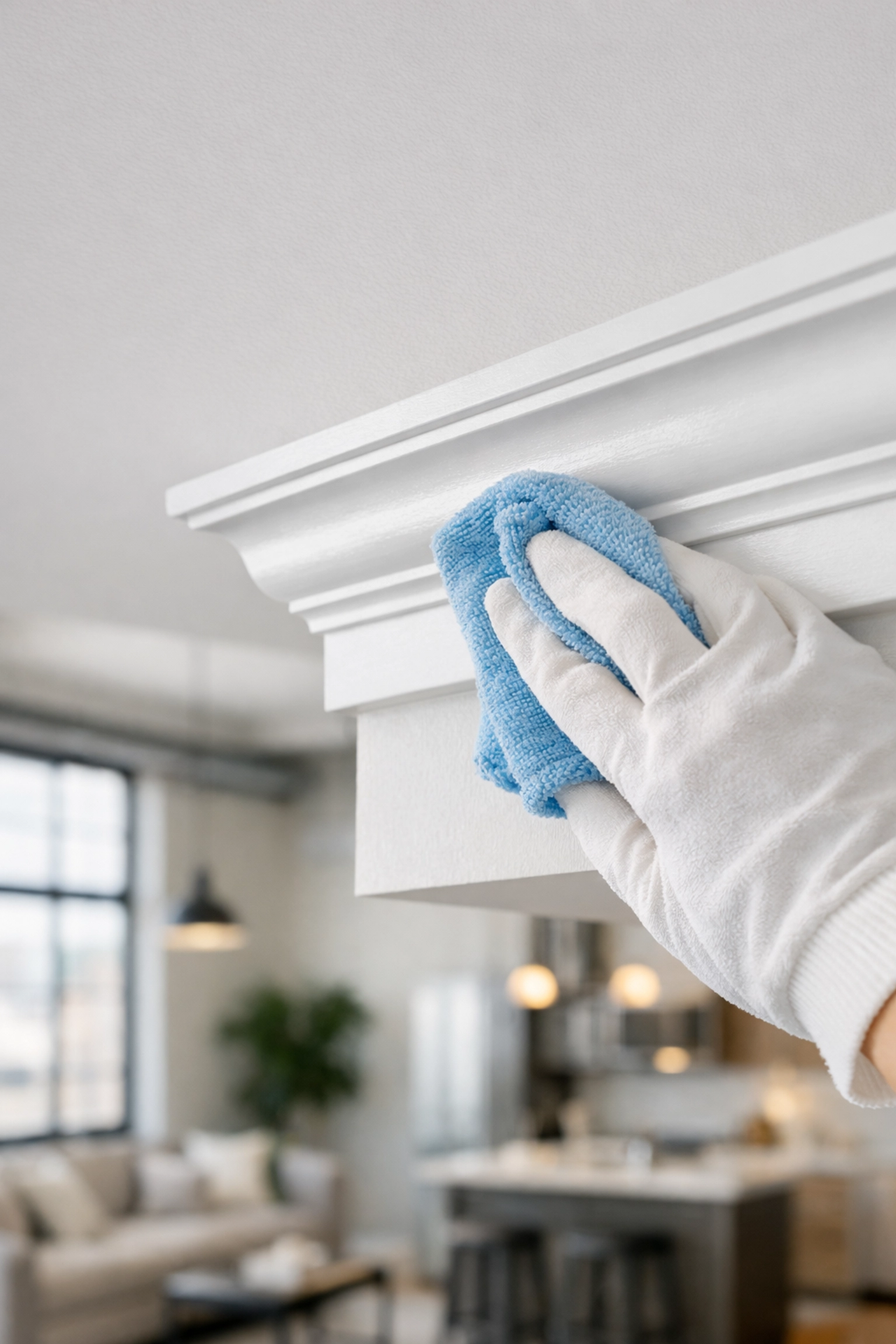 Detailed view of dust-free white ceiling molding in a luxury Indianapolis multifamily unit.