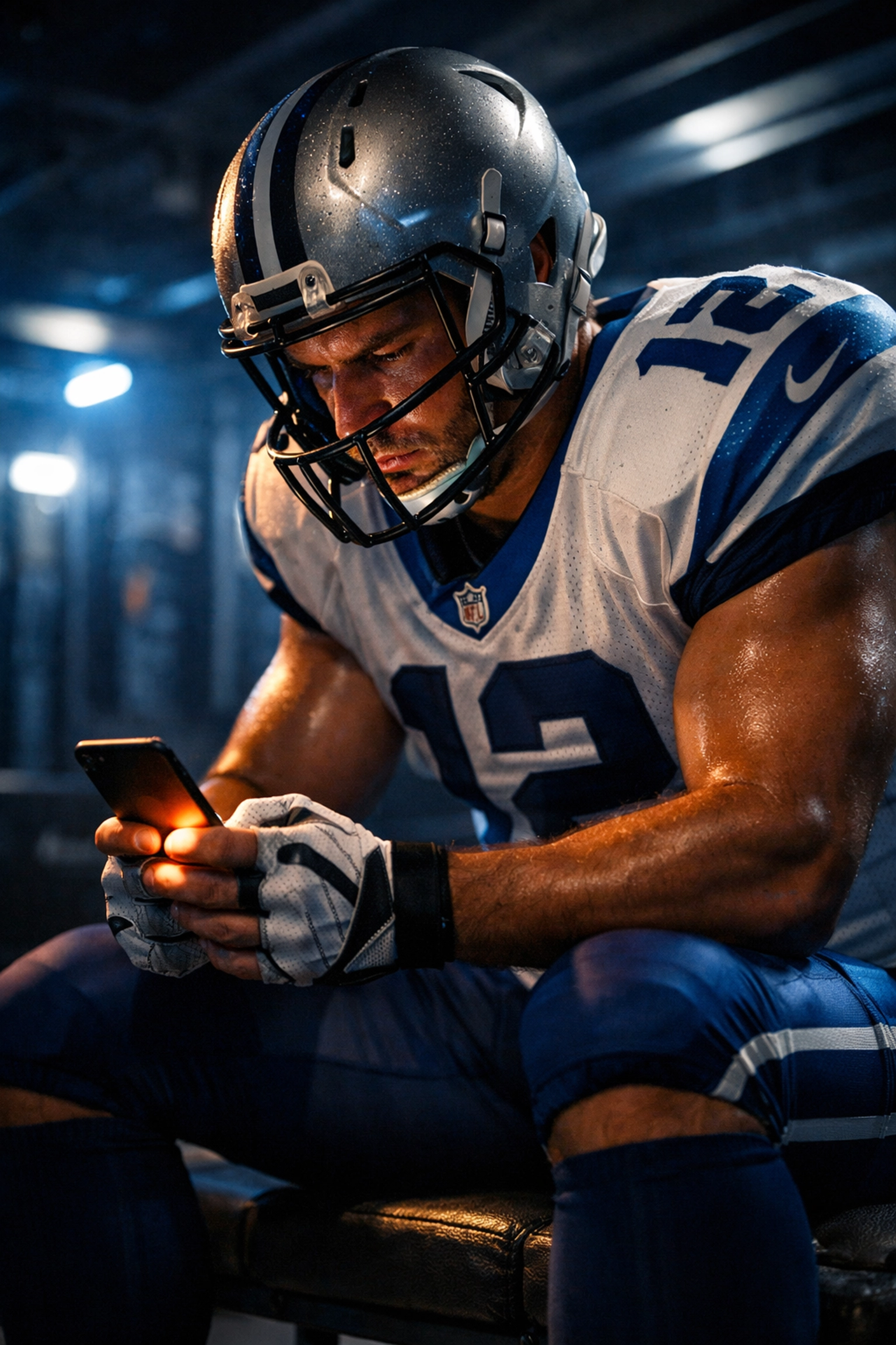 Professional football player in a locker room engaging with athlete-driven content for a Sports Media Inc. Super Bowl Blitz campaign.