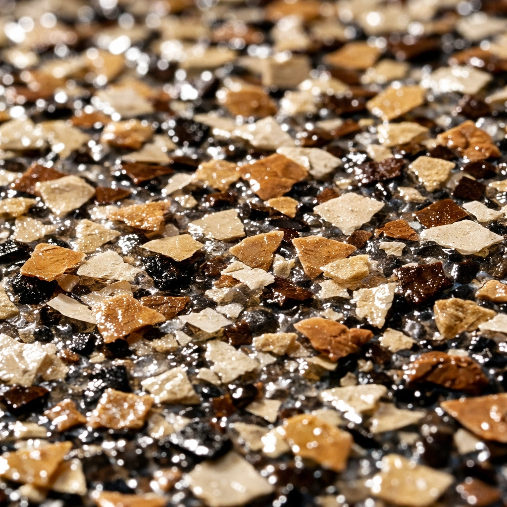 Close-up of textured polymer flake flooring providing grip and garage floor safety.