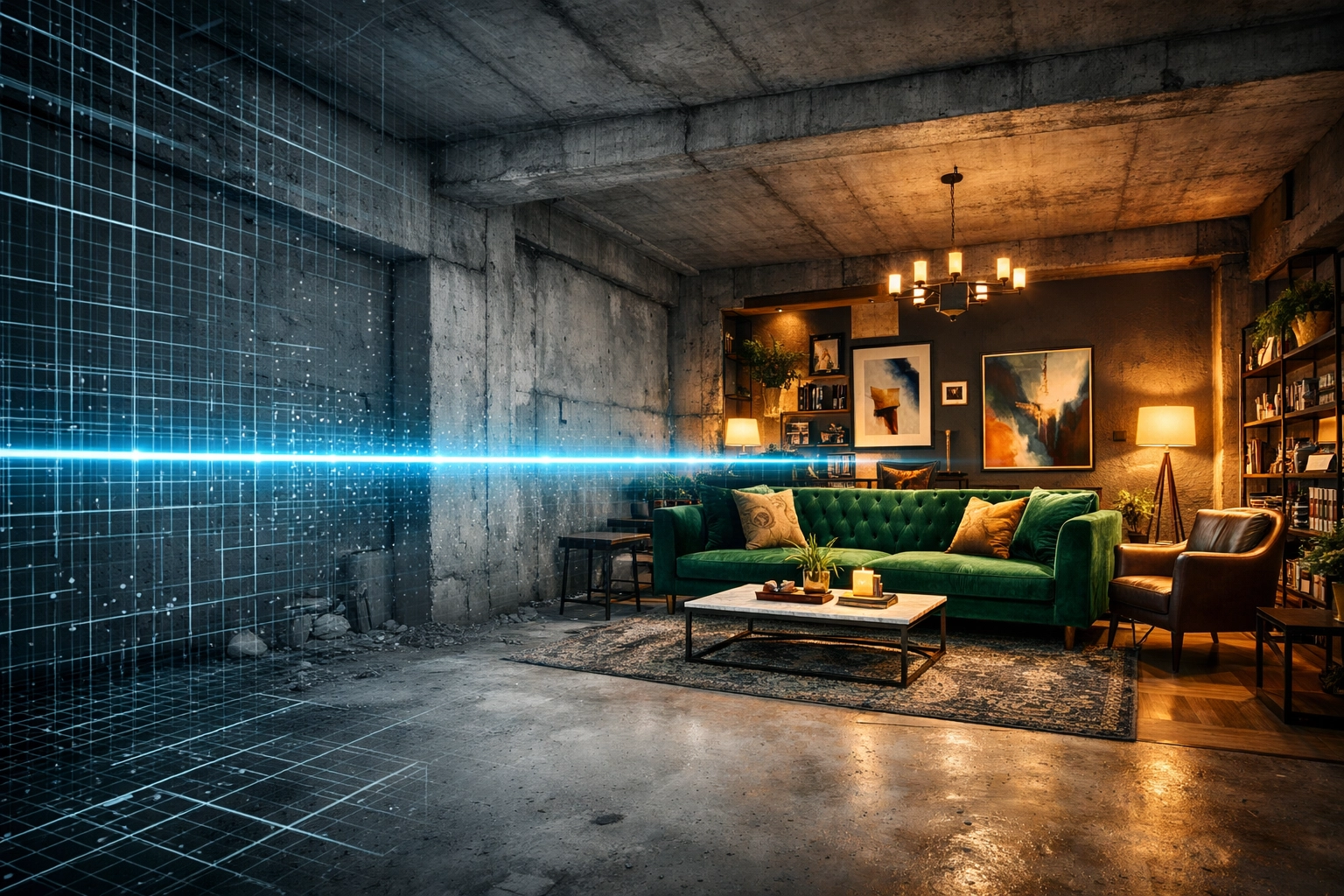 KI-basiertes Virtual Staging verwandelt einen leeren Raum digital für das Immobilien-Marketing.