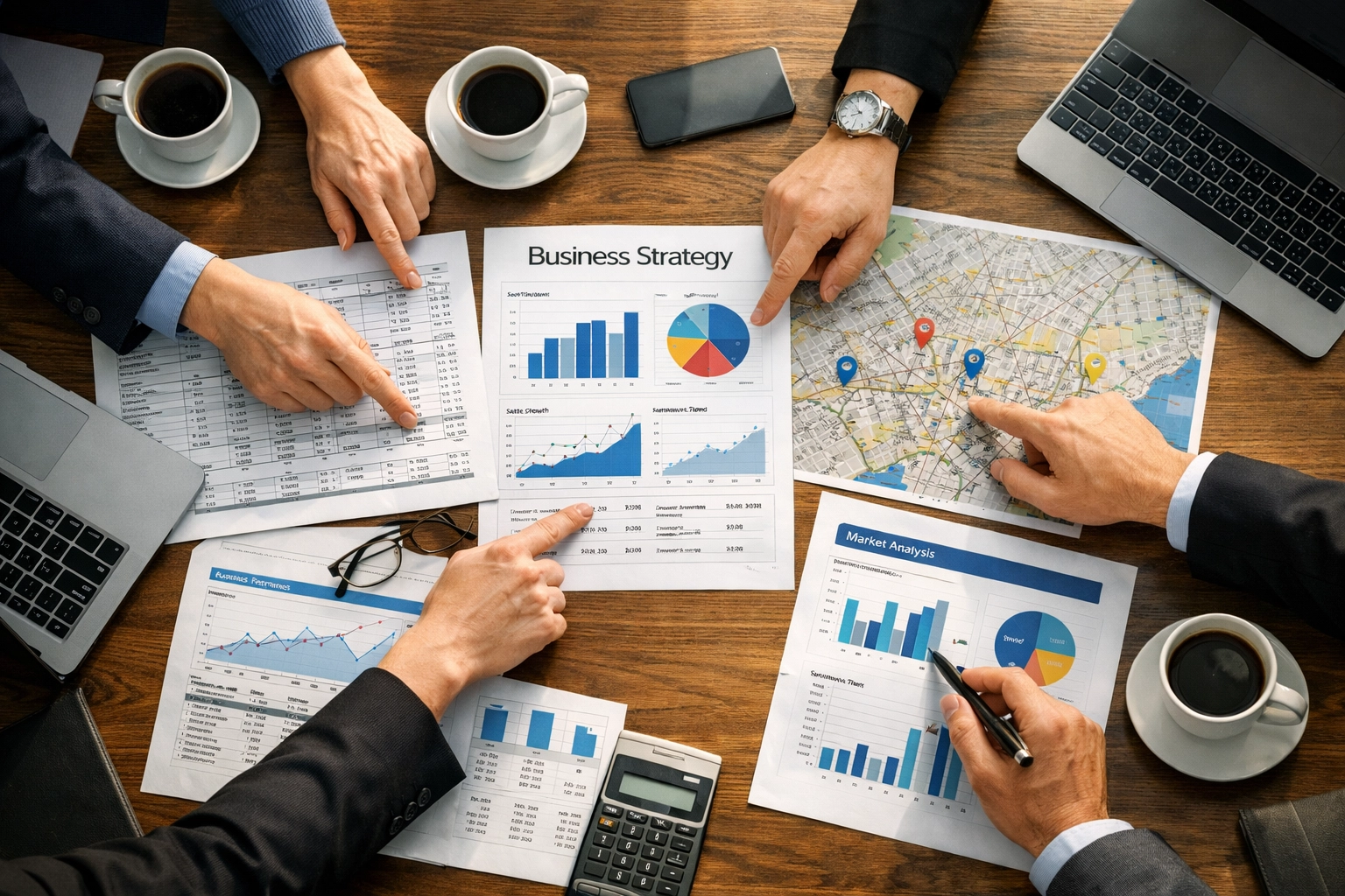 Restaurant consultants analyzing financial performance data and location strategy