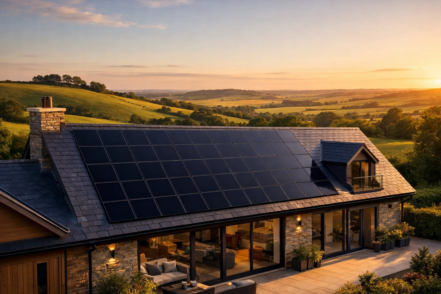 Black solar panels installed on a contemporary Wiltshire home roof overlooking the countryside.