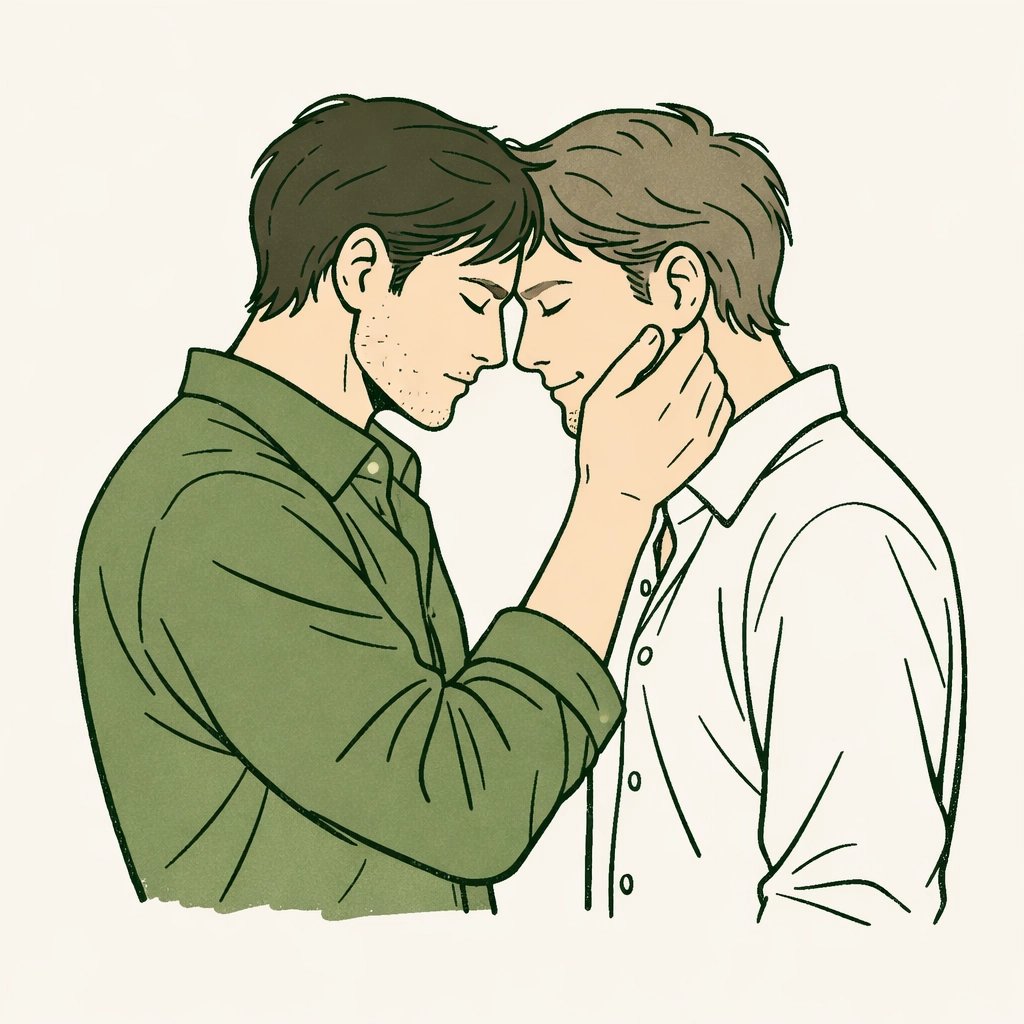 Heartfelt gay fiction illustration showing two men in a vulnerable, deep emotional connection.