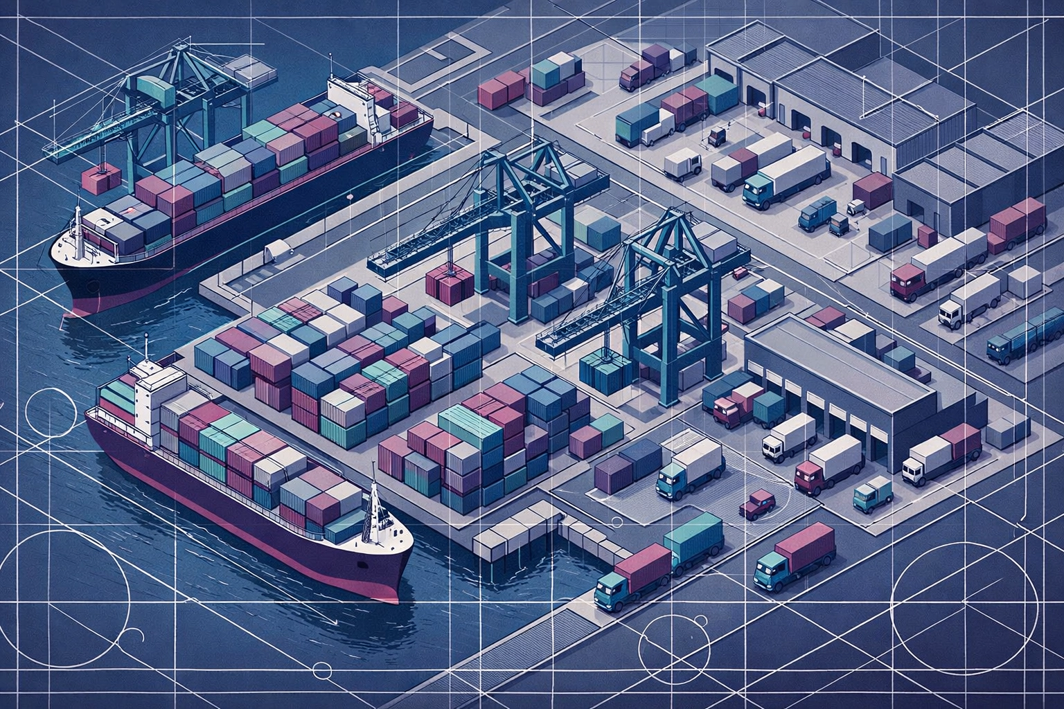 Busy shipping port and distribution center highlighting hgv agency liverpool safety standards.