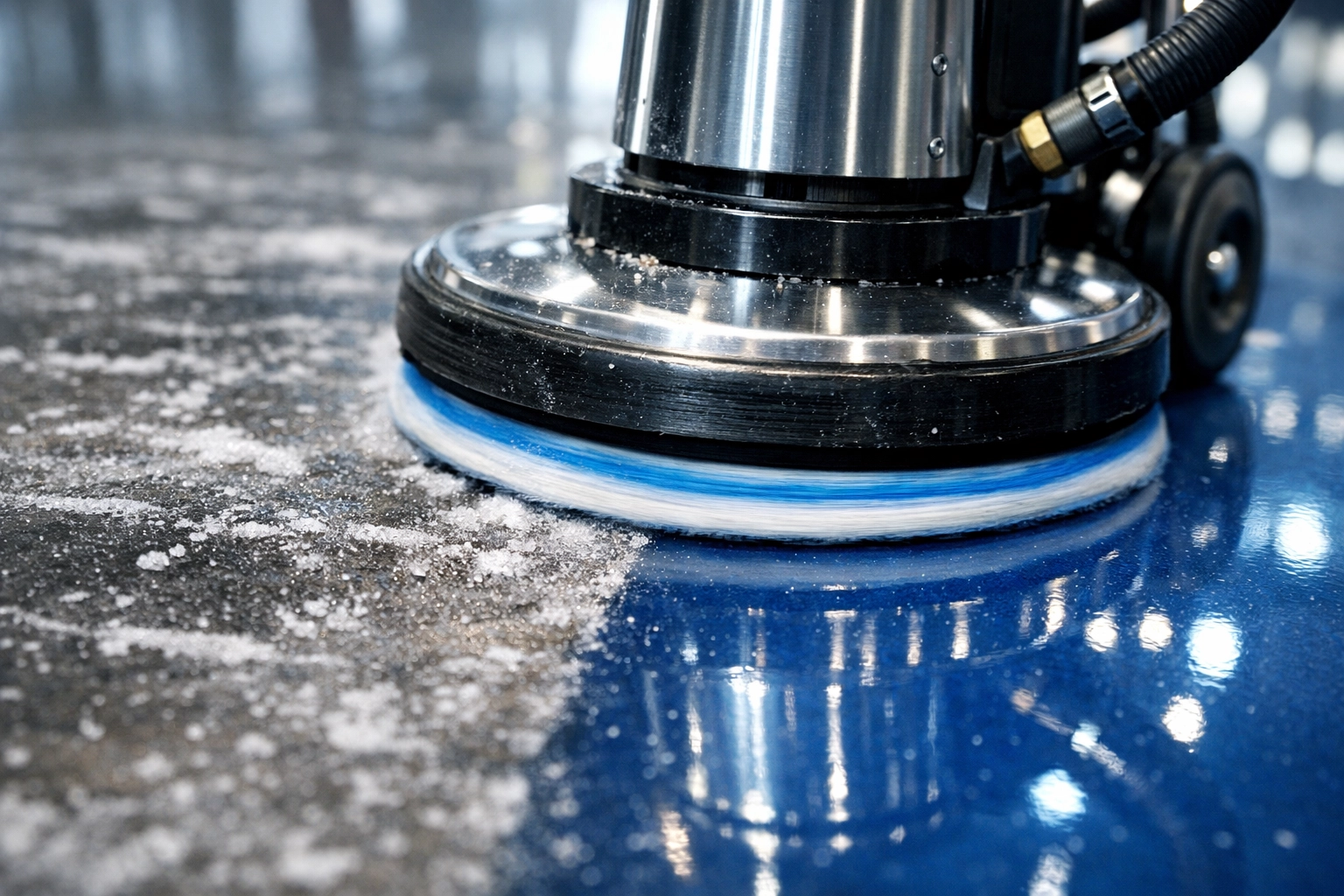 Professional floor polisher restoring shine to a dealership floor in Haverhill.