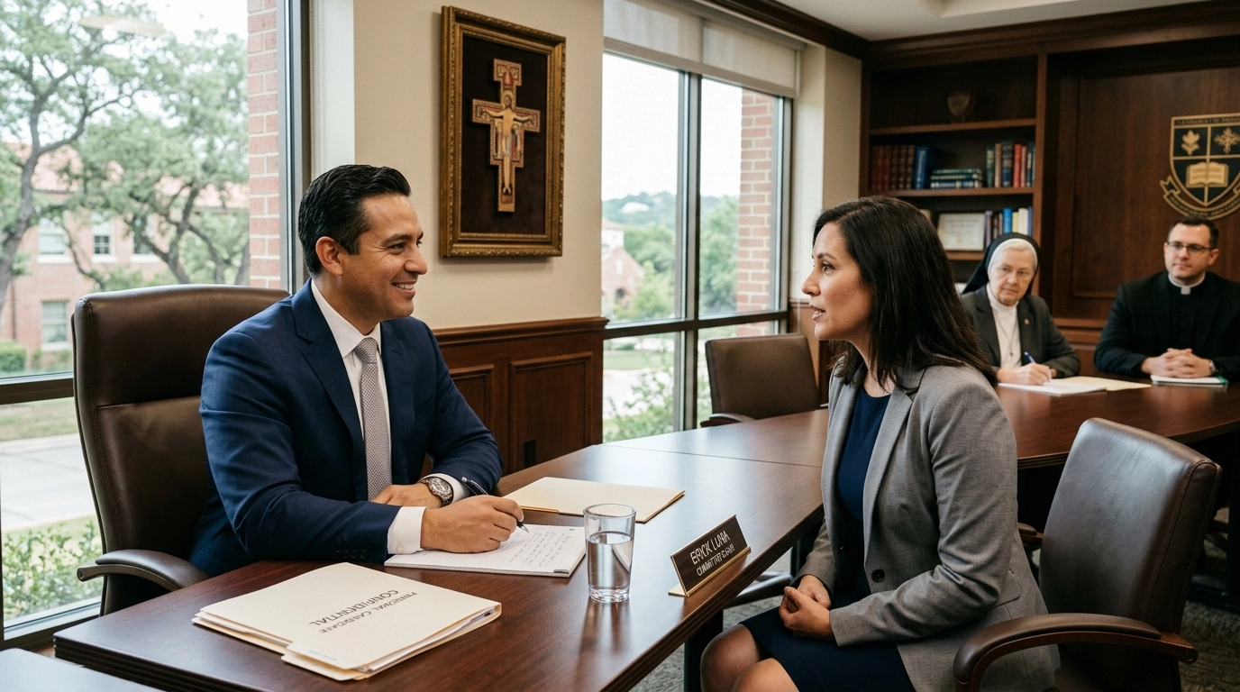 Erick Luna, Vice President and Senior Project Manager, leading a professional academic search committee interview for a principal position.