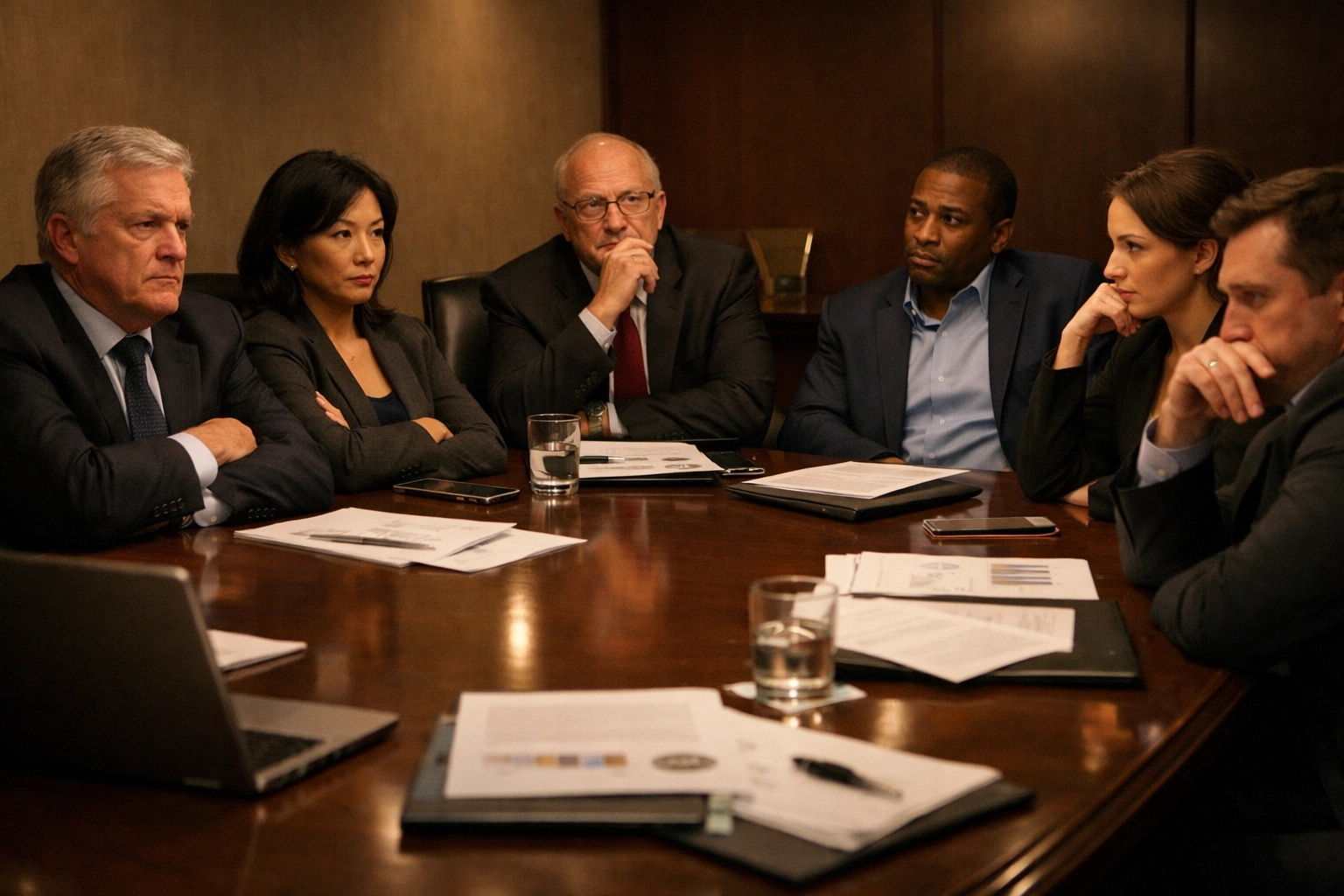 Business executives in boardroom showing hesitation during sales discovery meeting