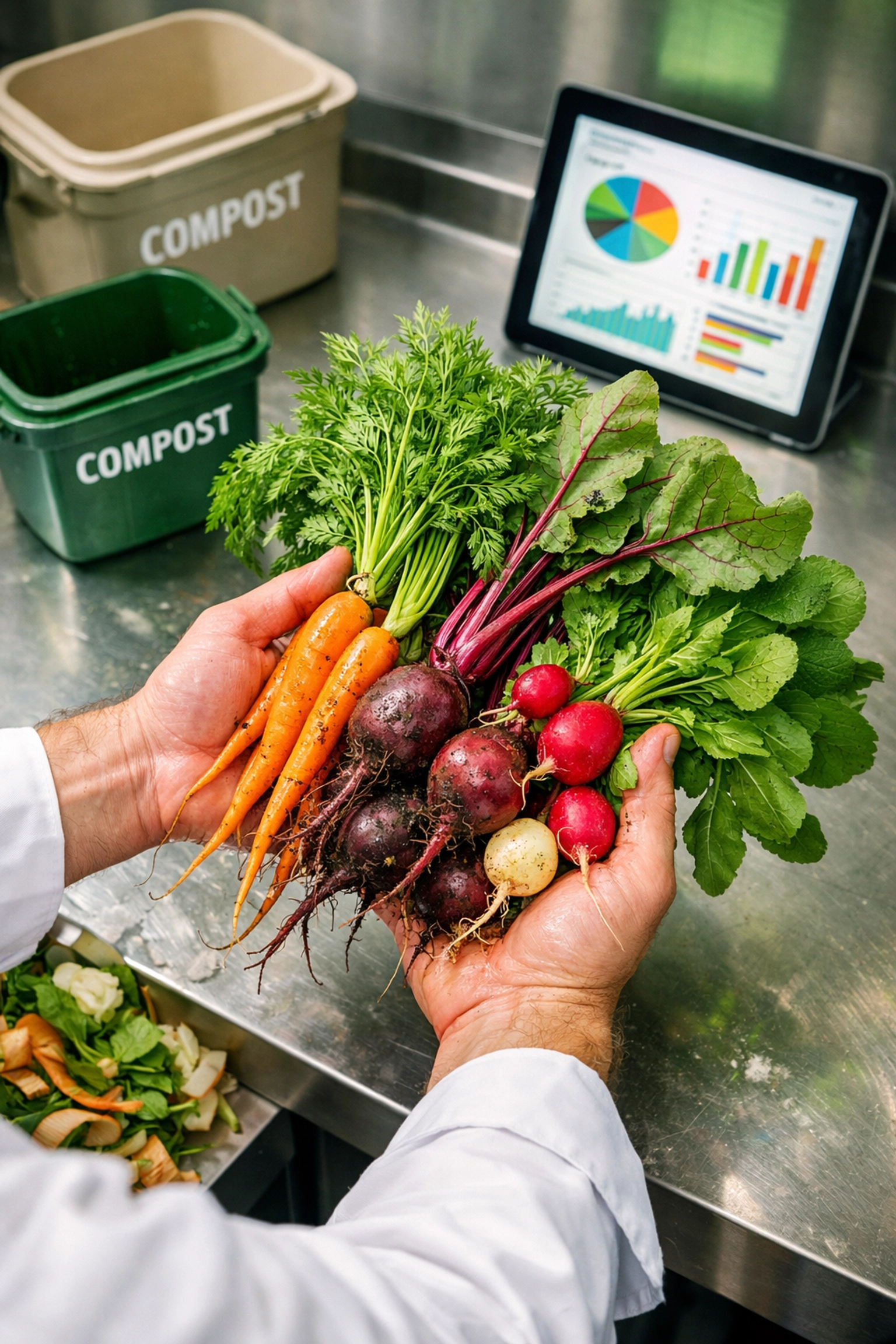 Chef holding root-to-stem vegetables in zero-waste restaurant kitchen