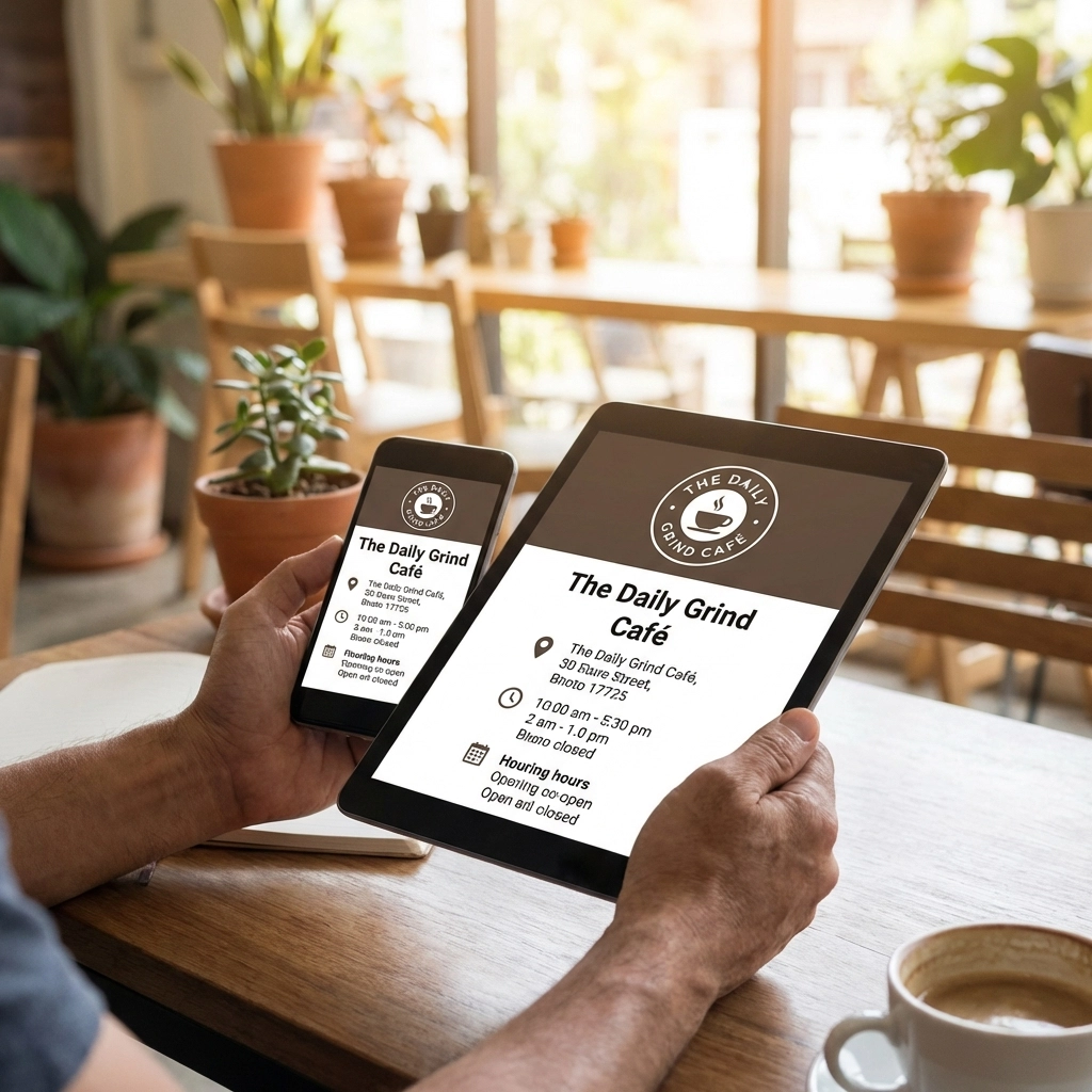 Business owner ensures consistent business listings across devices for effective local SEO.