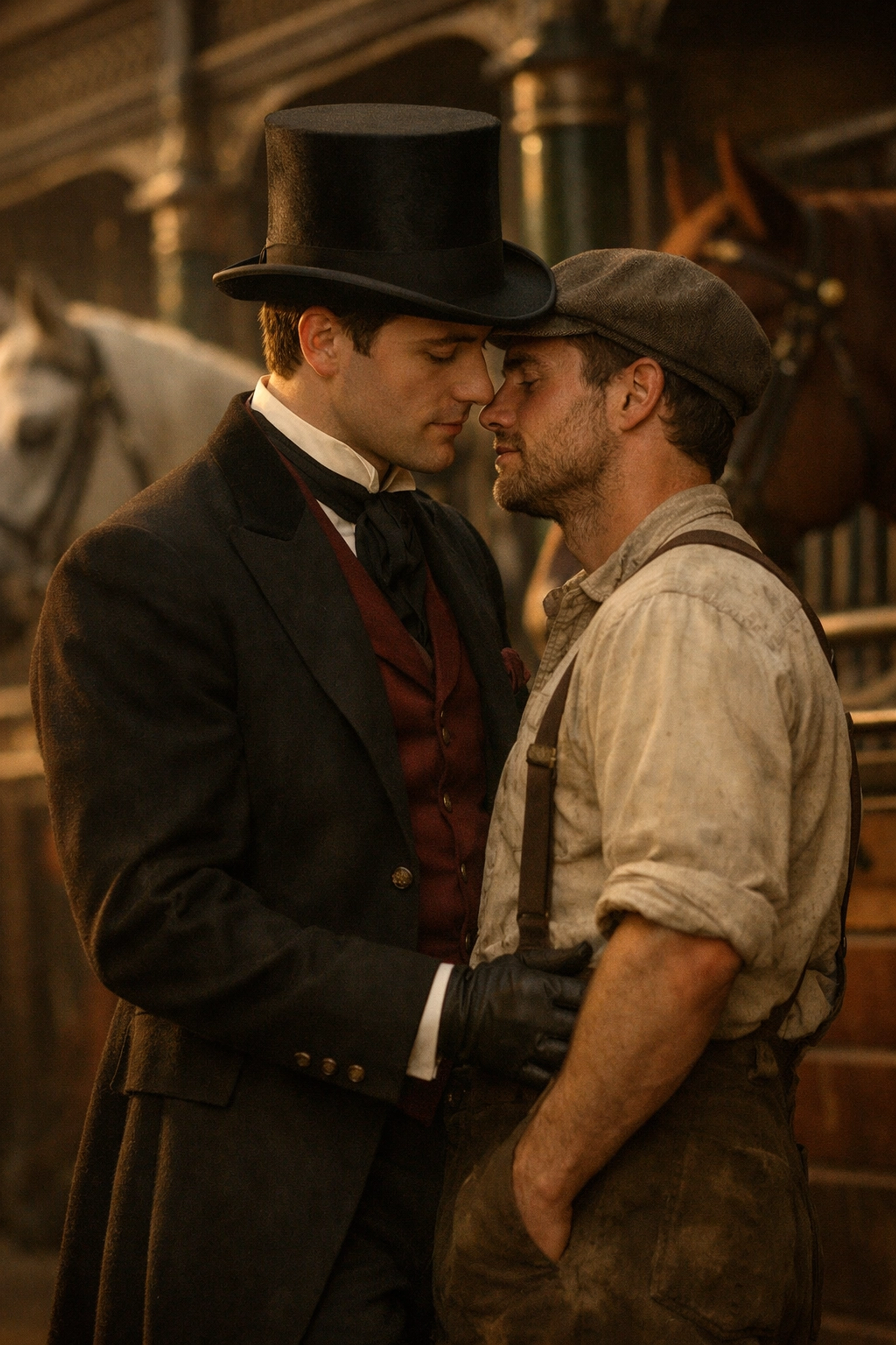 Wealthy heir and stable hand share intimate moment near horses in Gilded Age New York gay romance