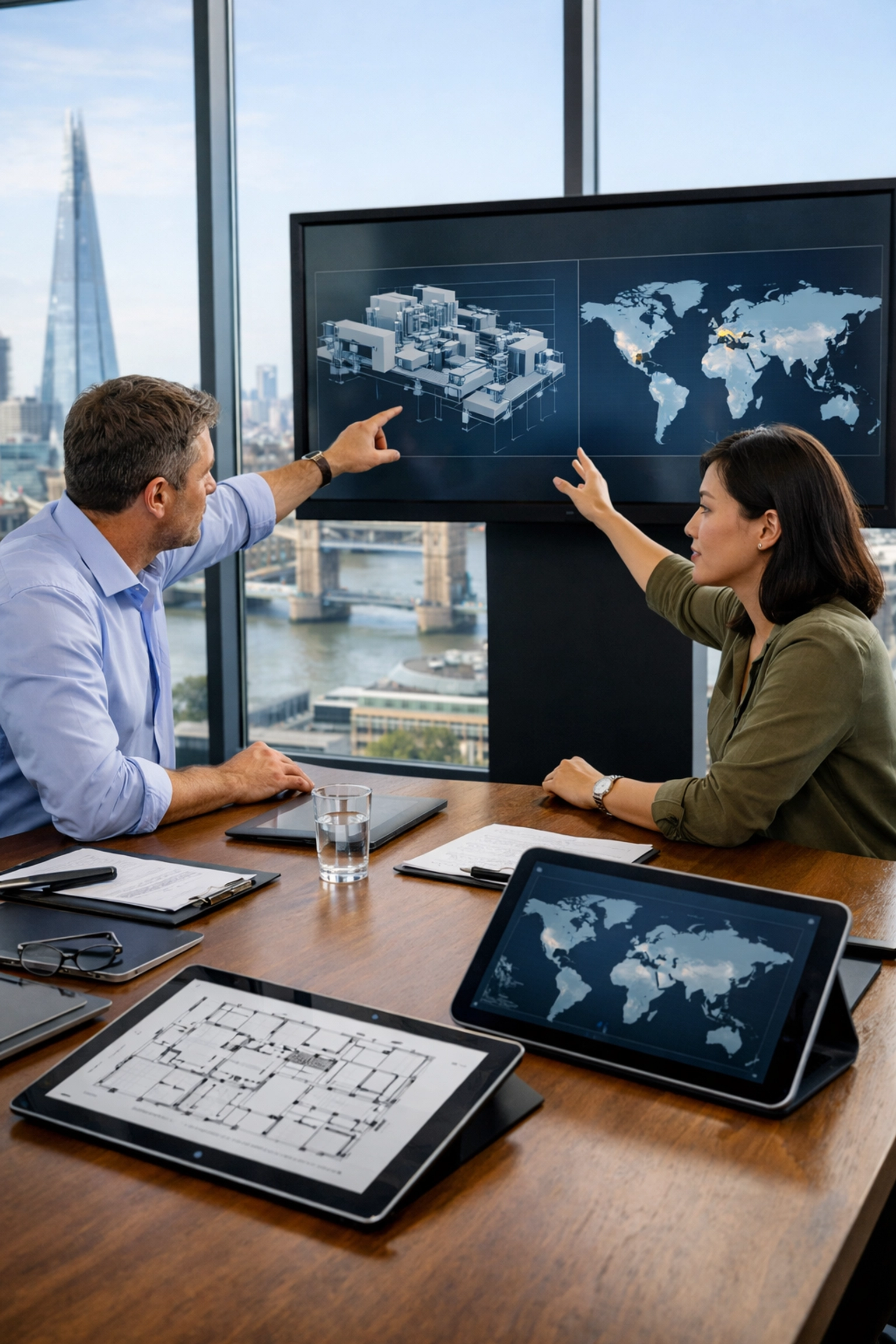 Professional strategic planning meeting for global event creative production in a modern corporate boardroom.